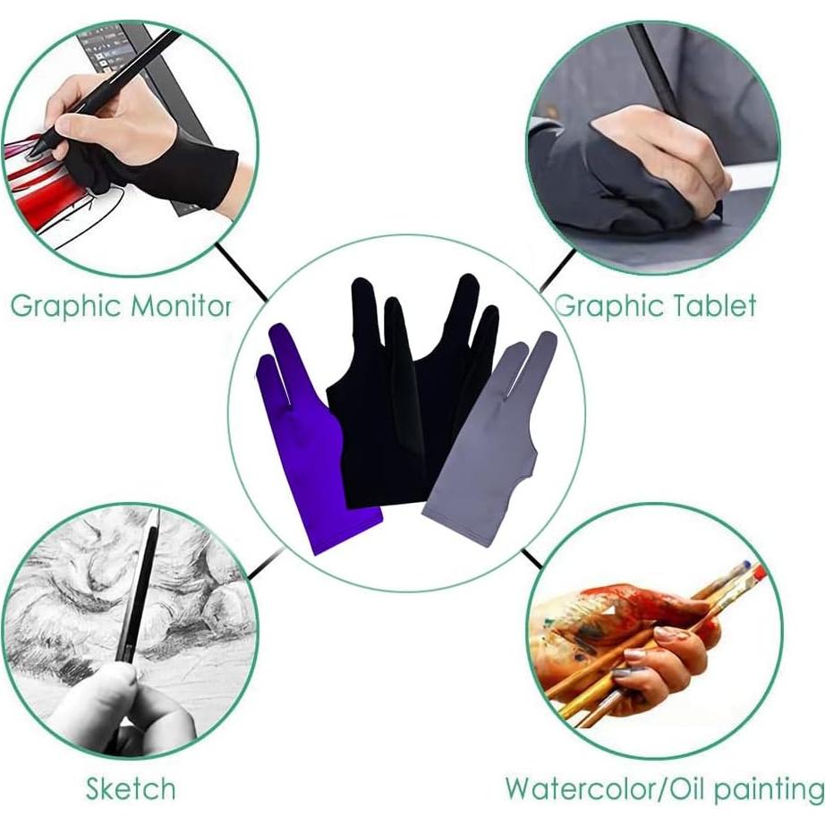 Guante de Dibujo Gzingen 4 PCS 2 Dedos Ambidiestro Azul Gris Negro