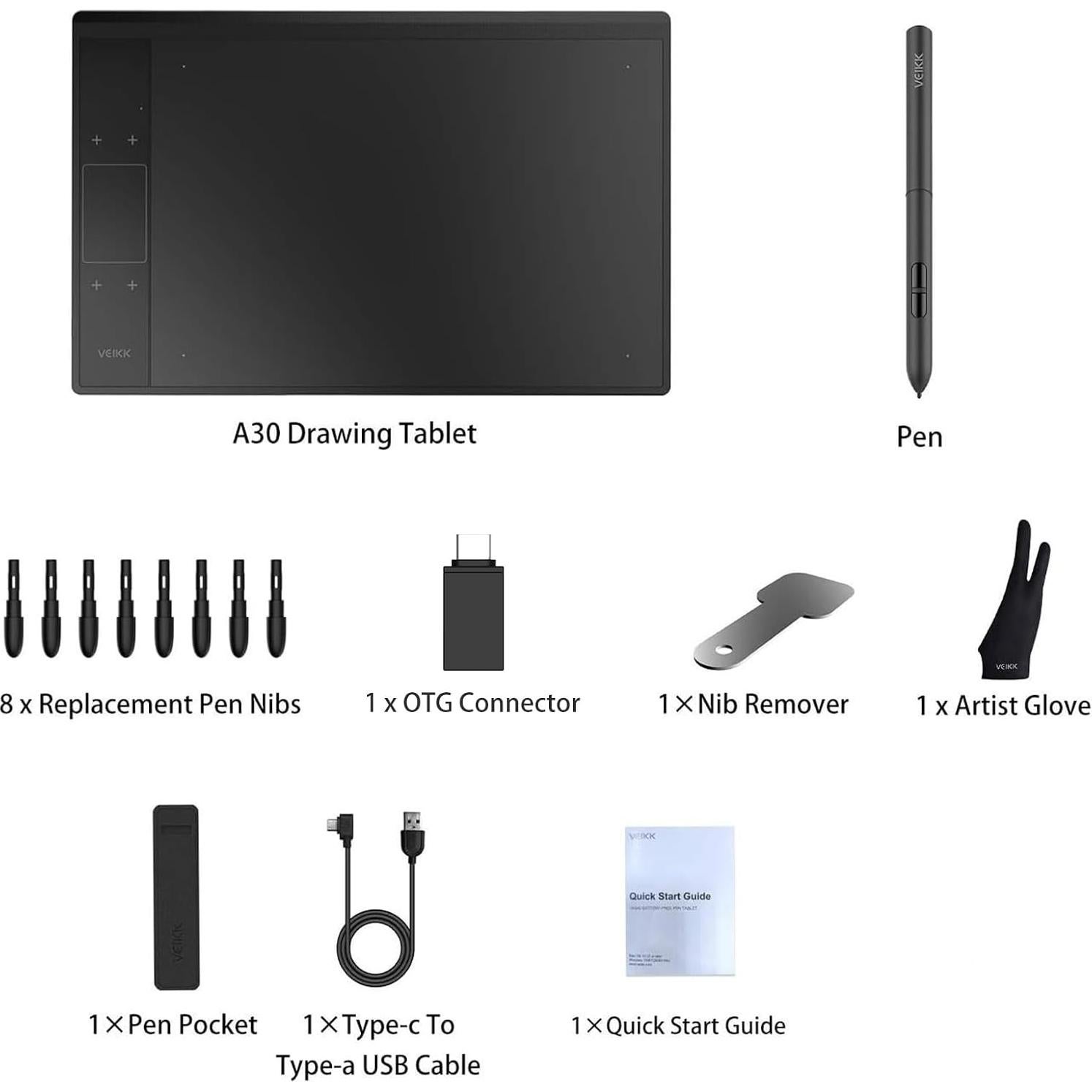 Tableta de Dibujo VEIKK A30 V2 10x6" 8192 Niveles Sensibilidad