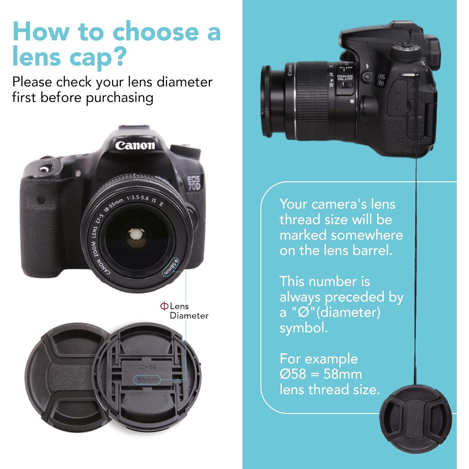 Foto&Tech 2 Pieces Center Pinch Snap-On Front Lens Cap Cover with Anti Lost String Compatible with Nikon, Sony, Fujifilm, Pentax, Panasonic, Olympus, Other DSLR Camera Lens (52mm)