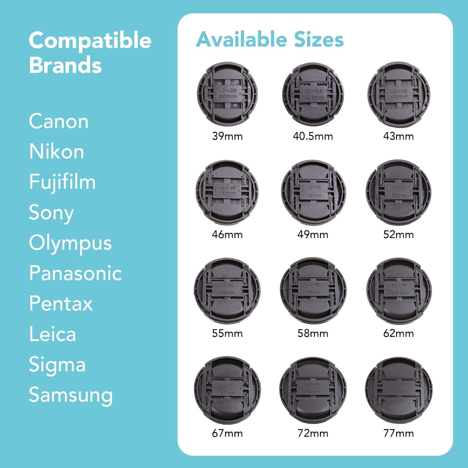 Foto&Tech 2 Pieces Center Pinch Snap-On Front Lens Cap Cover with Anti Lost String Compatible with Nikon, Sony, Fujifilm, Pentax, Panasonic, Olympus, Other DSLR Camera Lens (52mm)