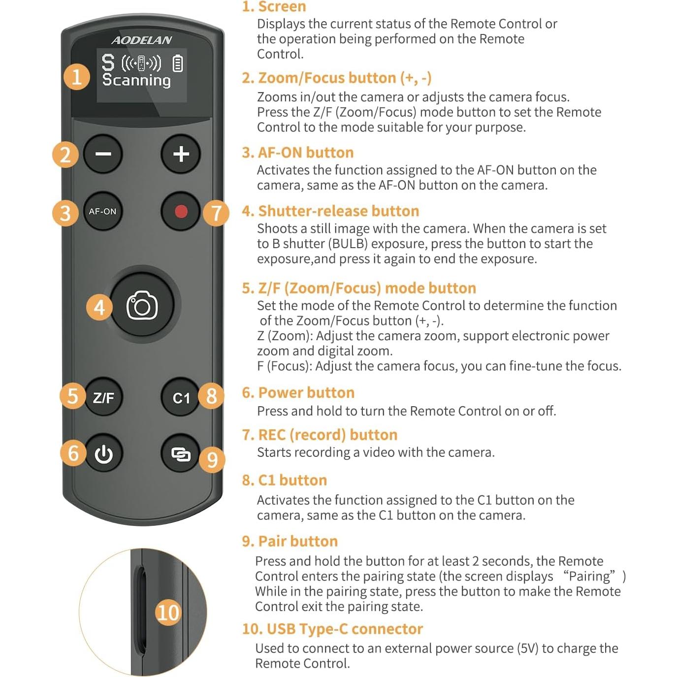 Control Remoto Inalámbrico Aodelan para Cámara Sony - USB-C