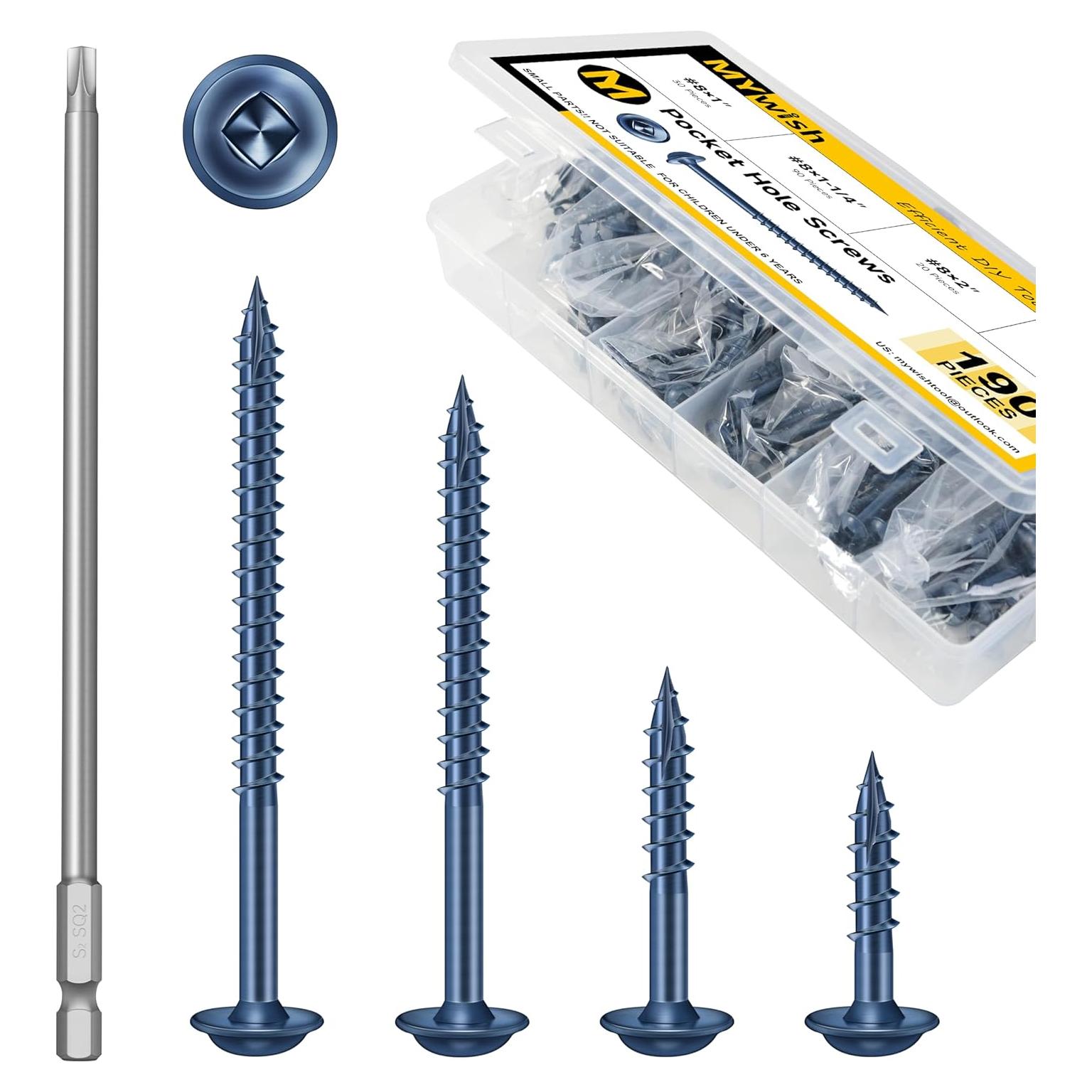 Kit de 190 Tornillos de Agujero de Bolsillo Mywish #8 Azul