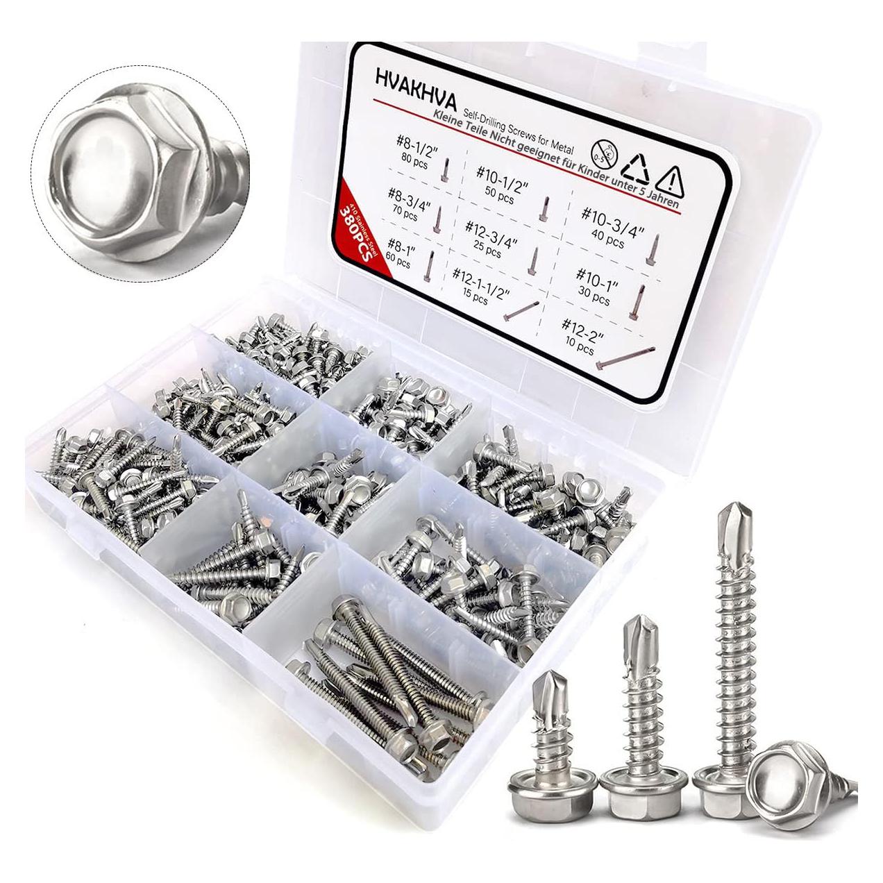 410 Stainless Steel Self Tapping TEK Screws Assortment,#8#10#12 Hex Head Self Drilling Screws for Metal