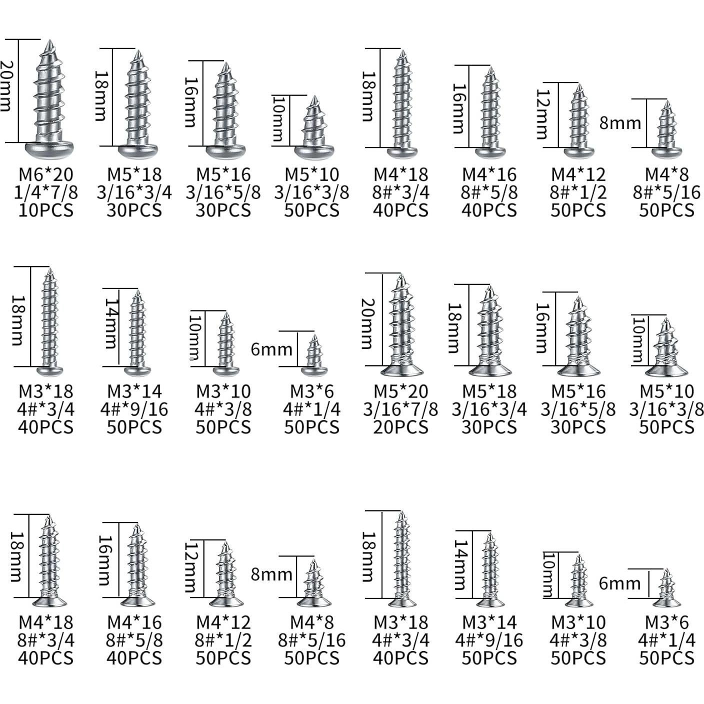 Conjunto de 990 Tornillos Autoperforantes Acero Inoxidable M3-M6