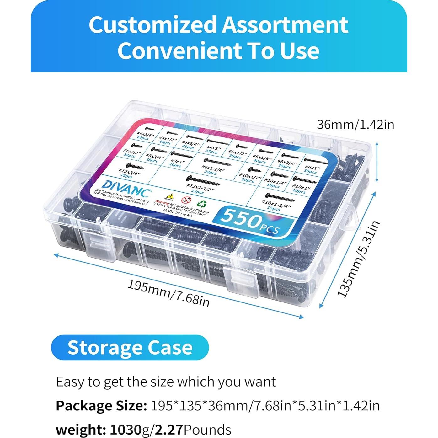 Kit de Tornillos de Acero Inoxidable DIVANC 550Pcs Cabeza Pan