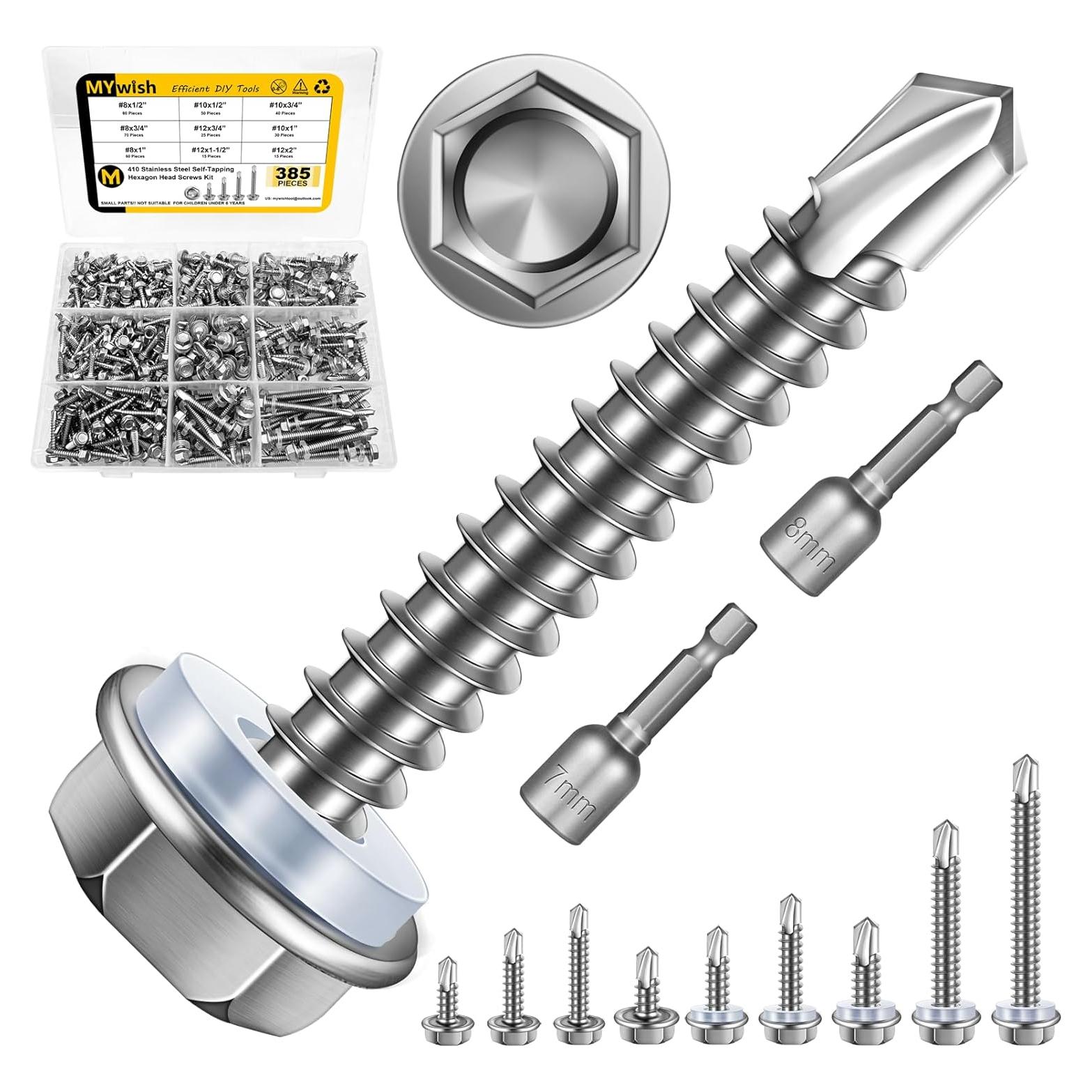 Kit de Tornillos Autorroscantes Mywish 385 Piezas #8 #10 #12