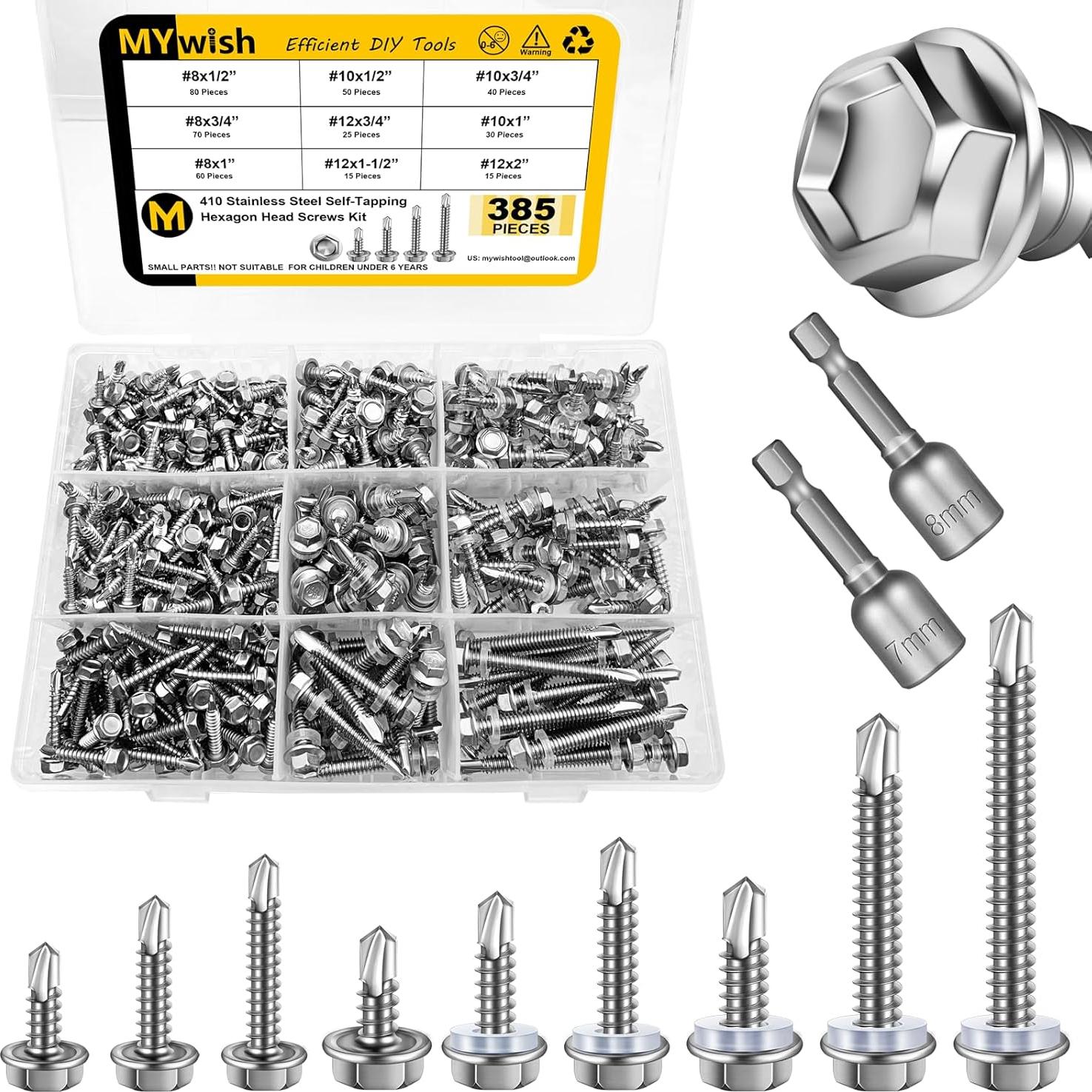 Kit de Tornillos Autorroscantes Mywish 385 Piezas #8 #10 #12