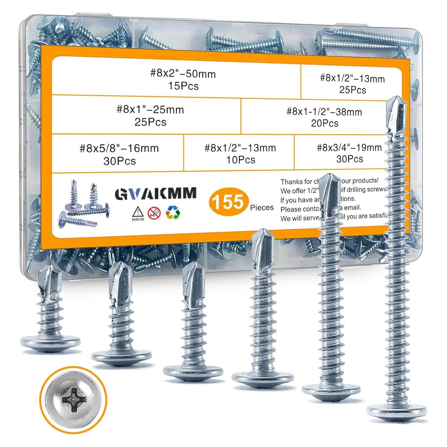 Kit de Tornillos Autoperforantes Gvakmm 155 Piezas 6 Tamaños