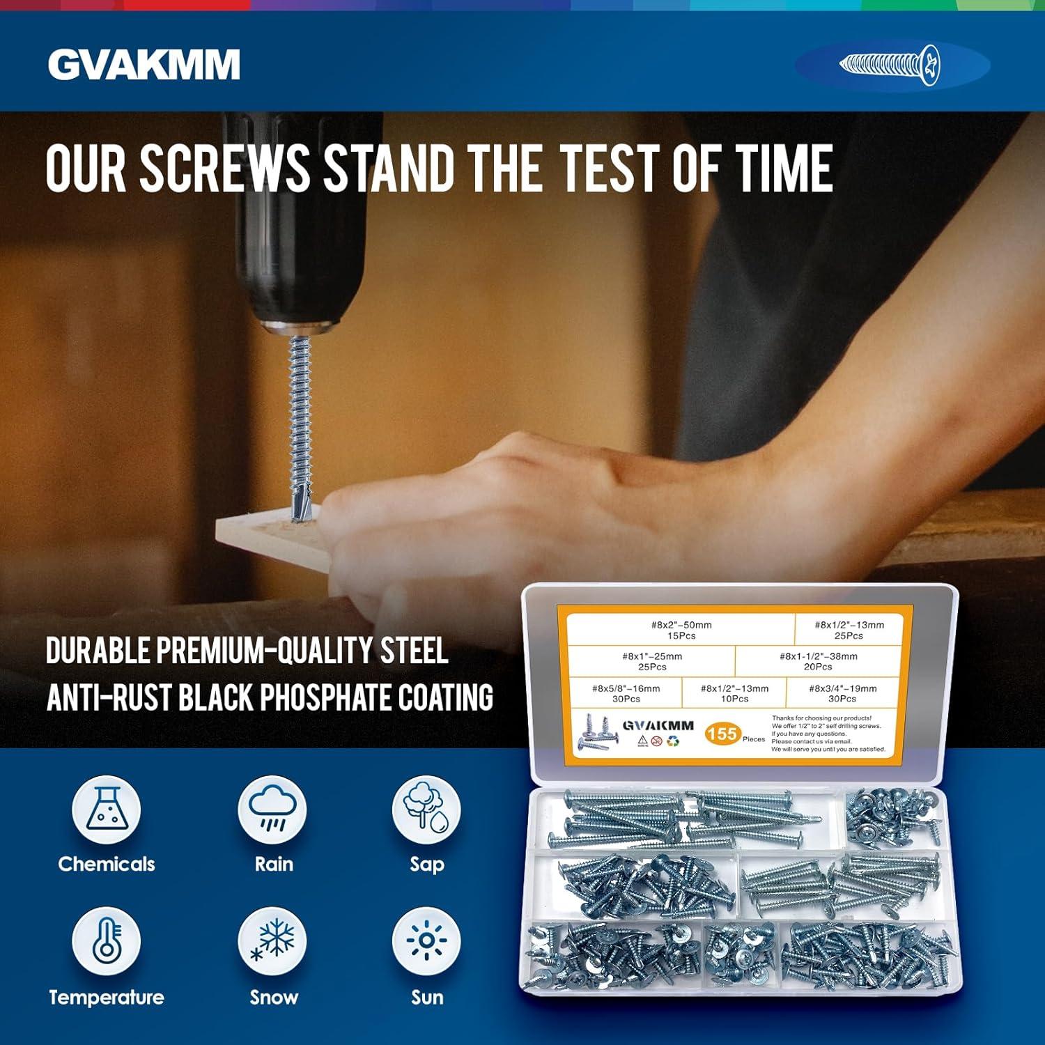 Kit de Tornillos Autoperforantes Gvakmm 155 Piezas 6 Tamaños