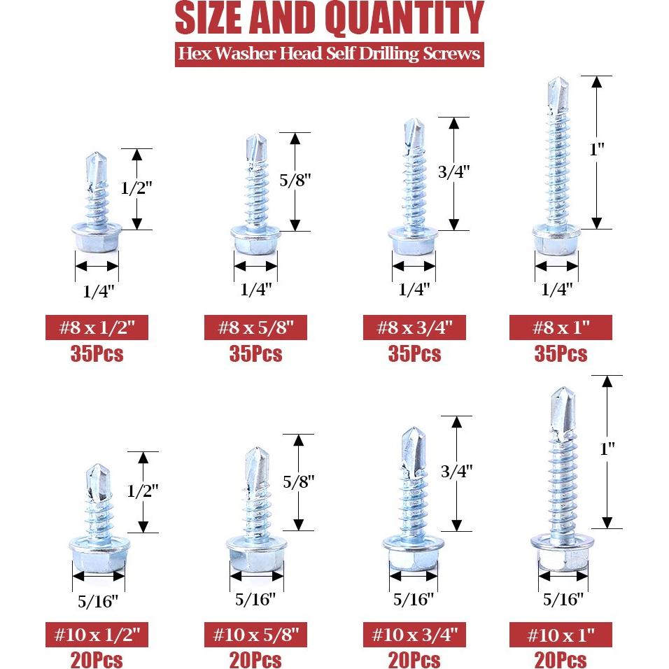 Kit de Tornillos Autoperforantes Hilitchi 220 Piezas Cabeza Hexagonal