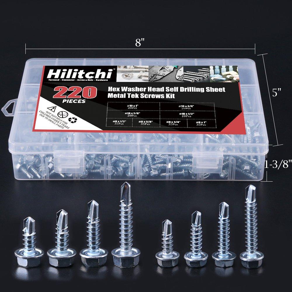Kit de Tornillos Autoperforantes Hilitchi 220 Piezas Cabeza Hexagonal