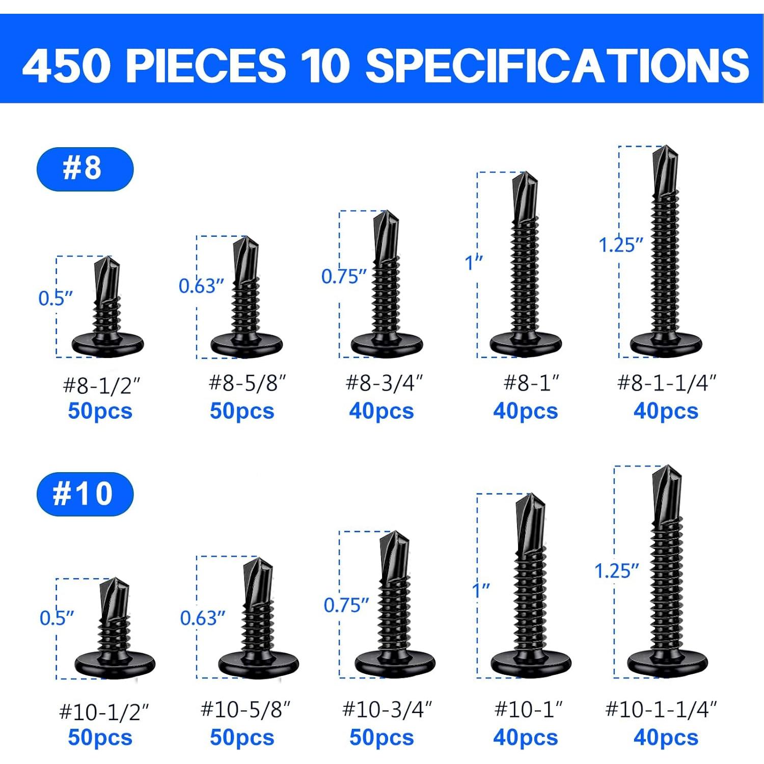 450 Tornillos Autoperforantes Acero Inoxidable 410 Negro 1.27 a 3.18 cm