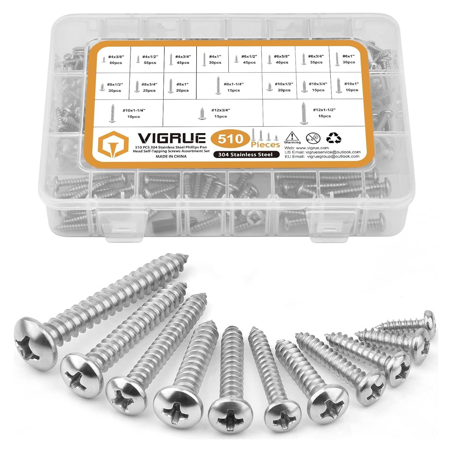 Kit de Tornillos de Acero Inoxidable VIGRUE 510 Pcs Cabeza Pan
