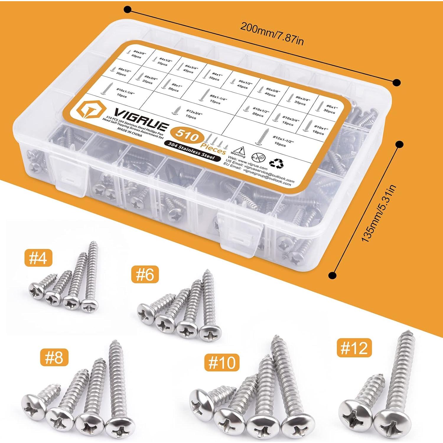 Kit de Tornillos de Acero Inoxidable VIGRUE 510 Pcs Cabeza Pan