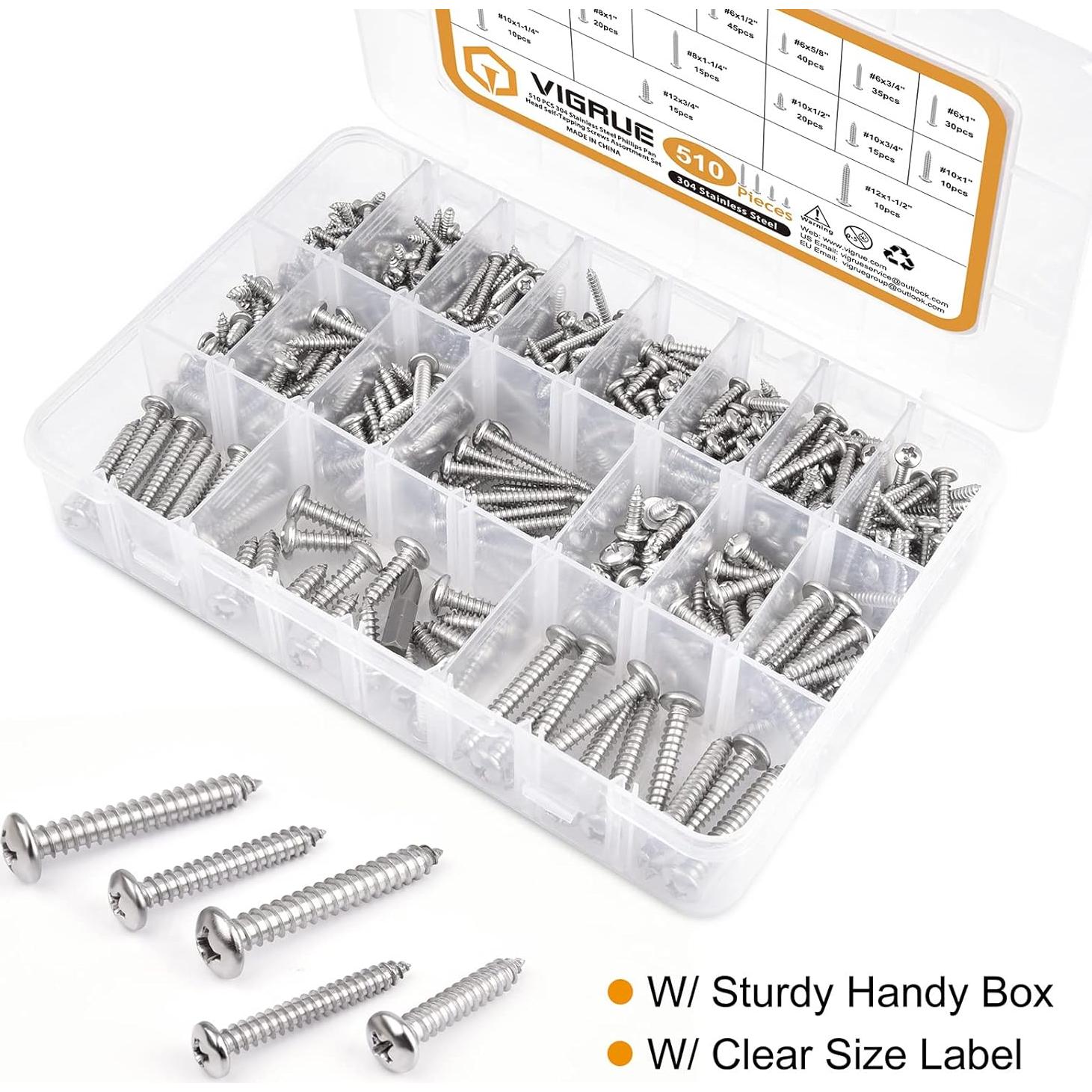 Kit de Tornillos de Acero Inoxidable VIGRUE 510 Pcs Cabeza Pan