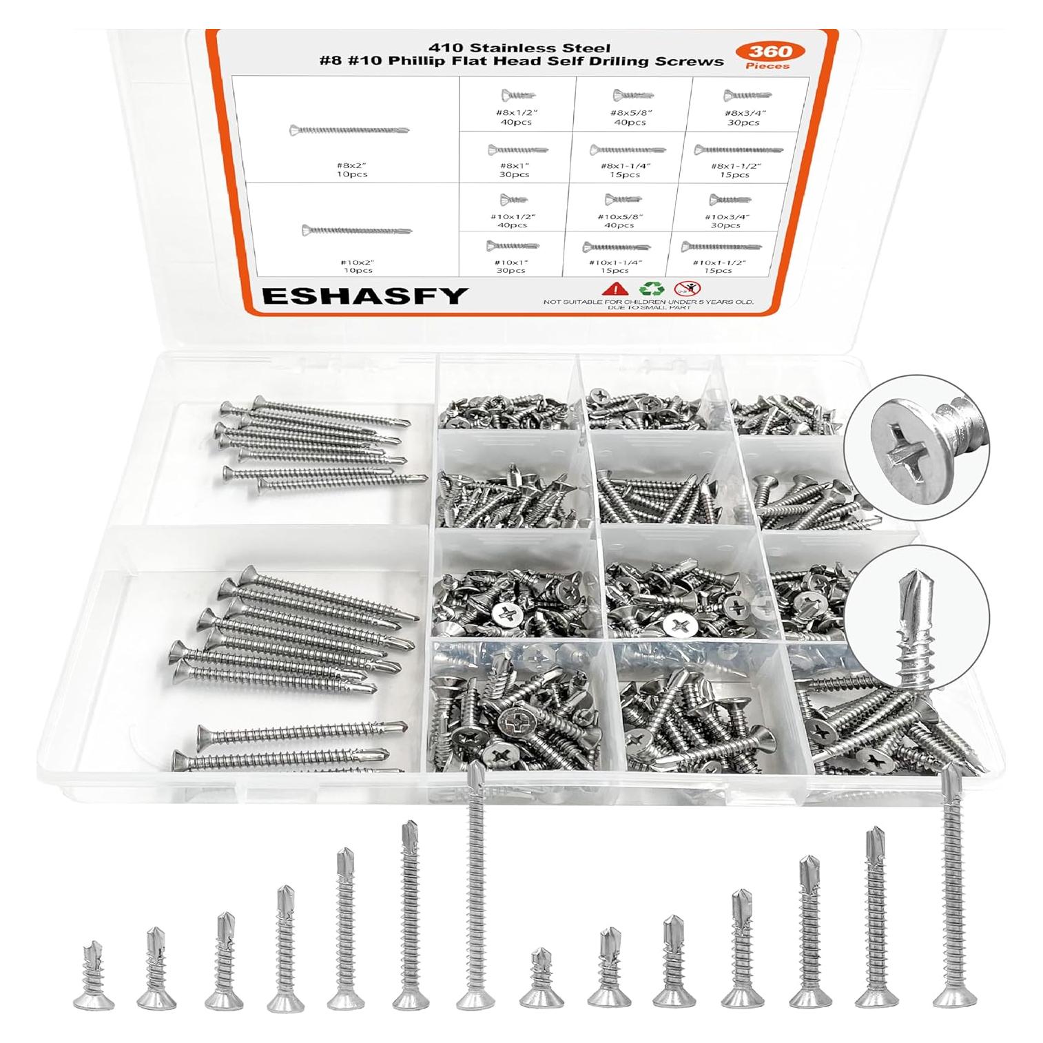 Kit de Tornillos Autoperforantes ESHASFY 360PCS Acero Inoxidable