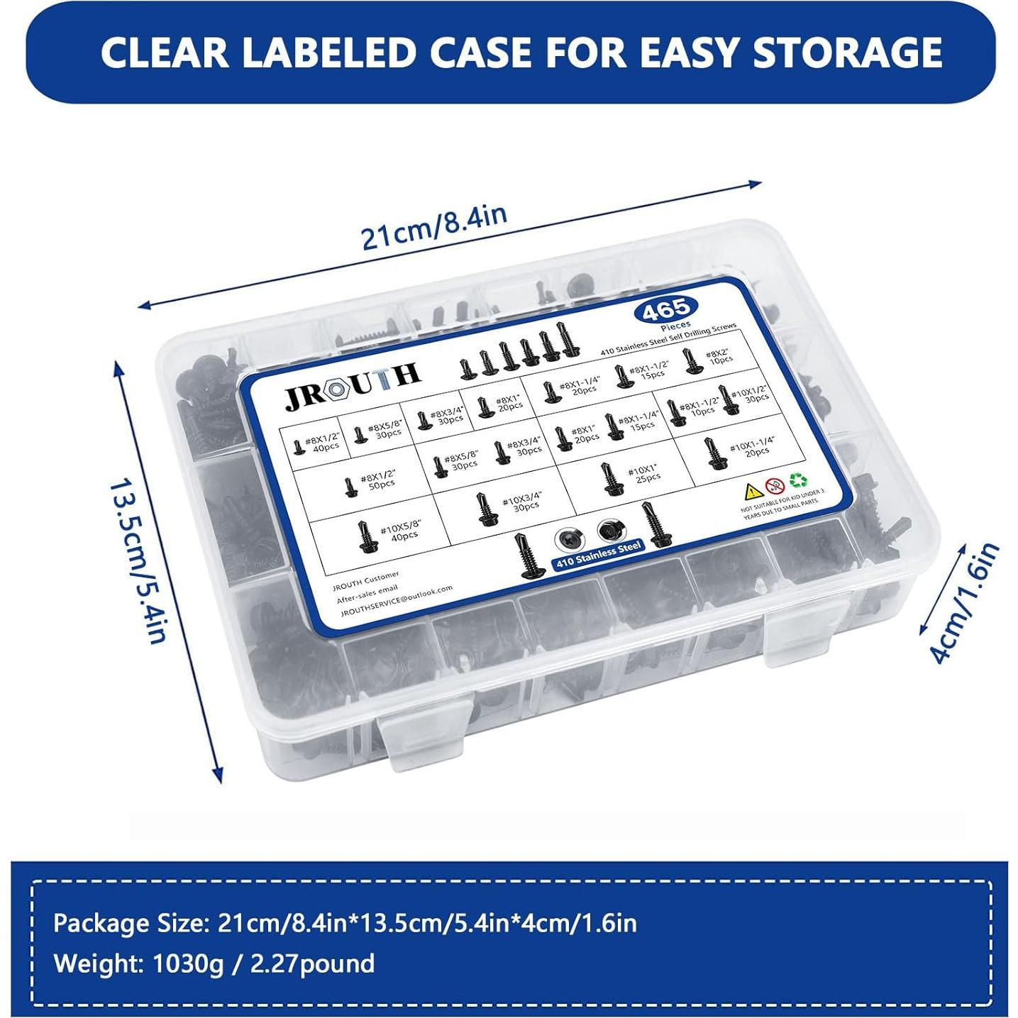 Kit de 465 Tornillos Autoperforantes JROUTH Acero Inoxidable