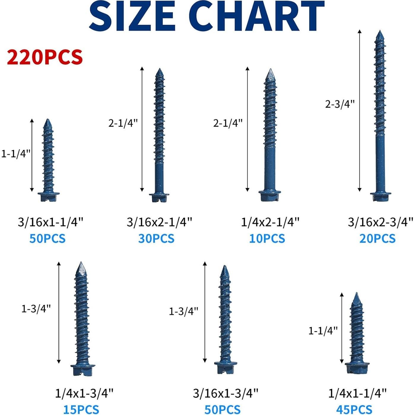 220 Piezas Tornillos de Concreto GOOBETTER con Brocas Hexagonales