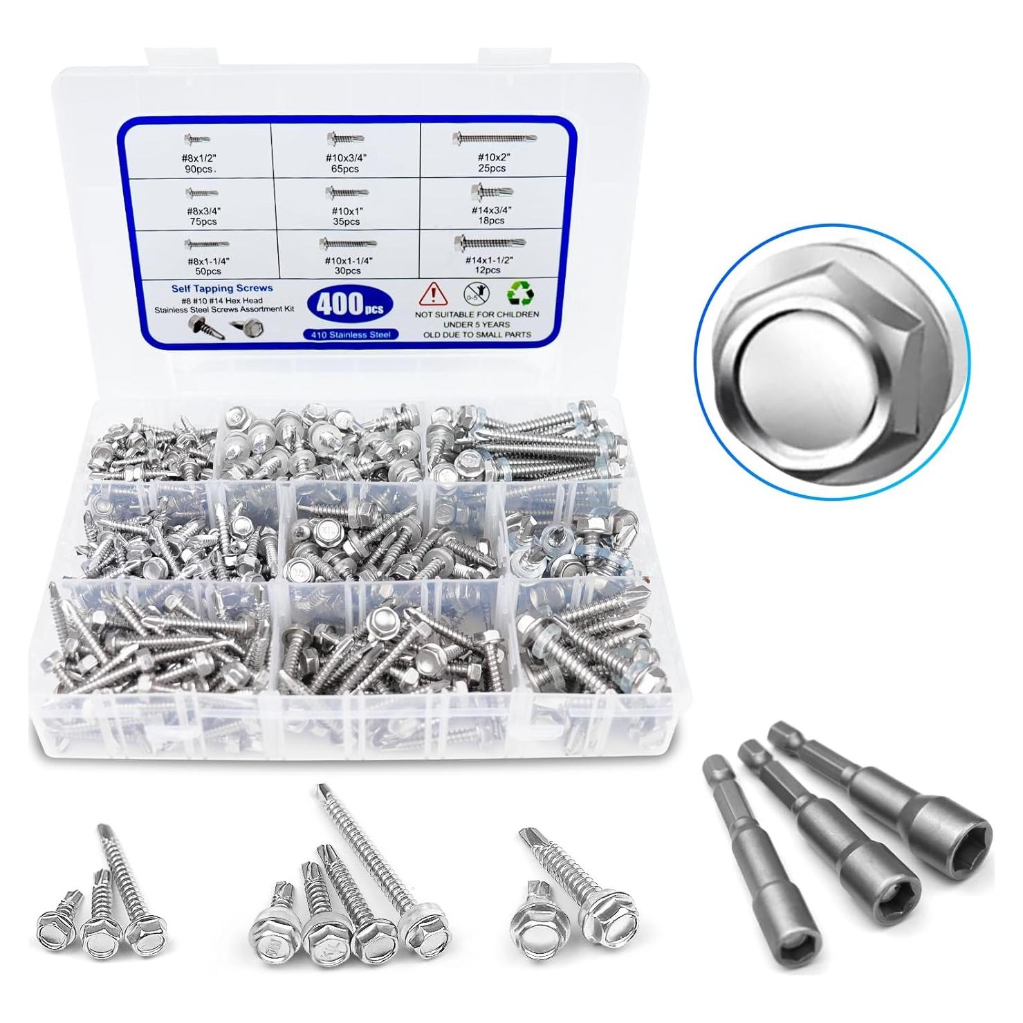 Kit de Tornillos Autoperforantes Acero Inoxidable 400PCS #8#10#14