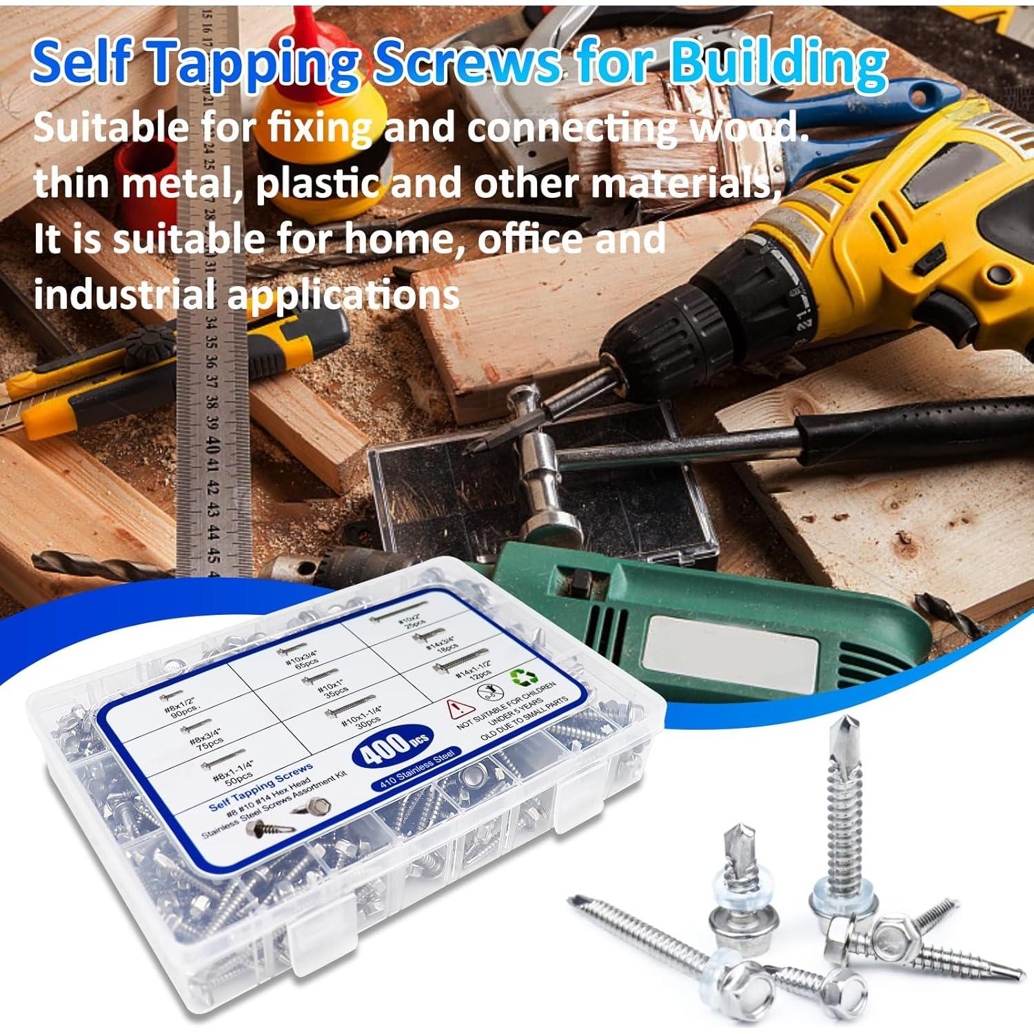 Kit de Tornillos Autoperforantes Acero Inoxidable 400PCS #8#10#14
