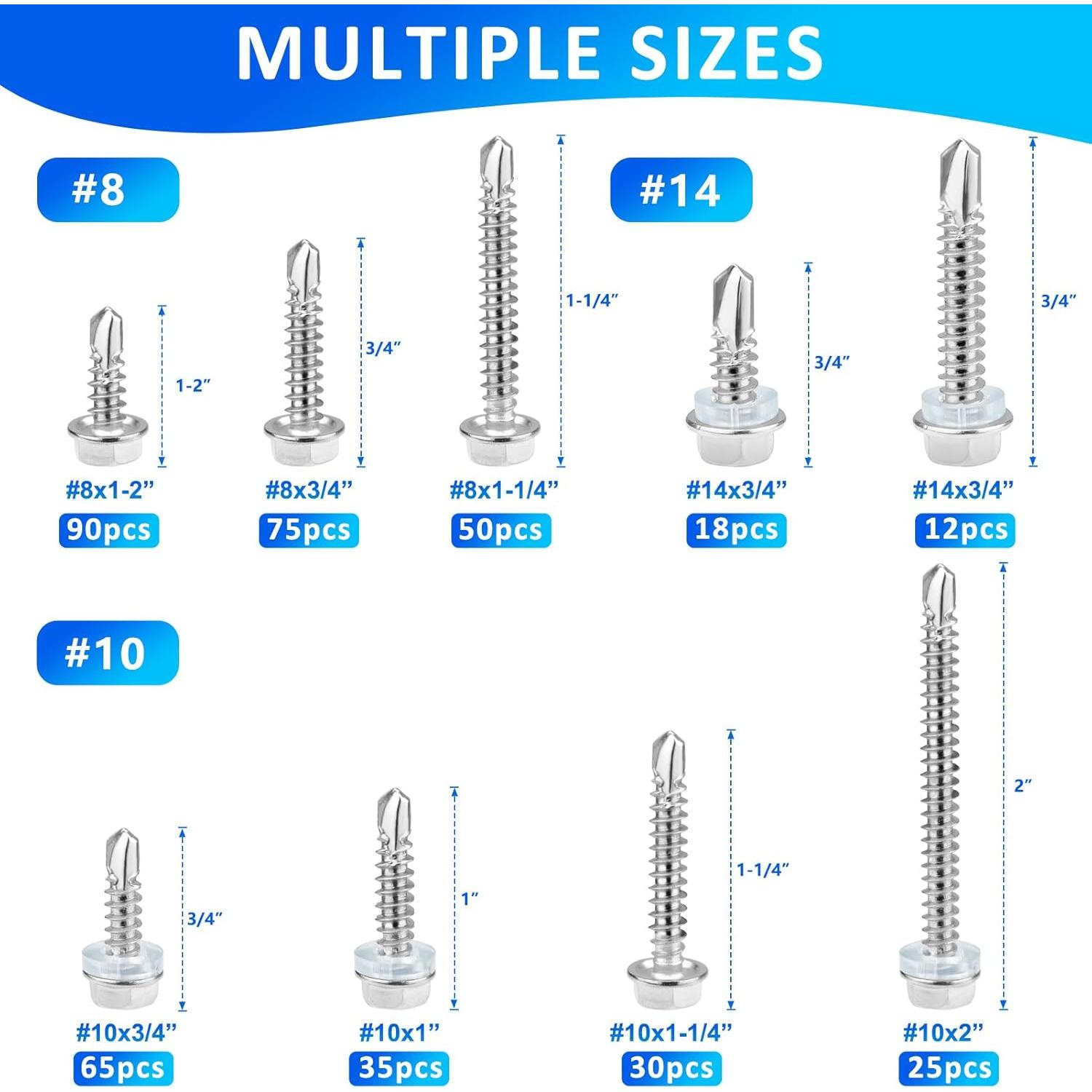 Kit de Tornillos Autoperforantes Acero Inoxidable 400PCS #8#10#14
