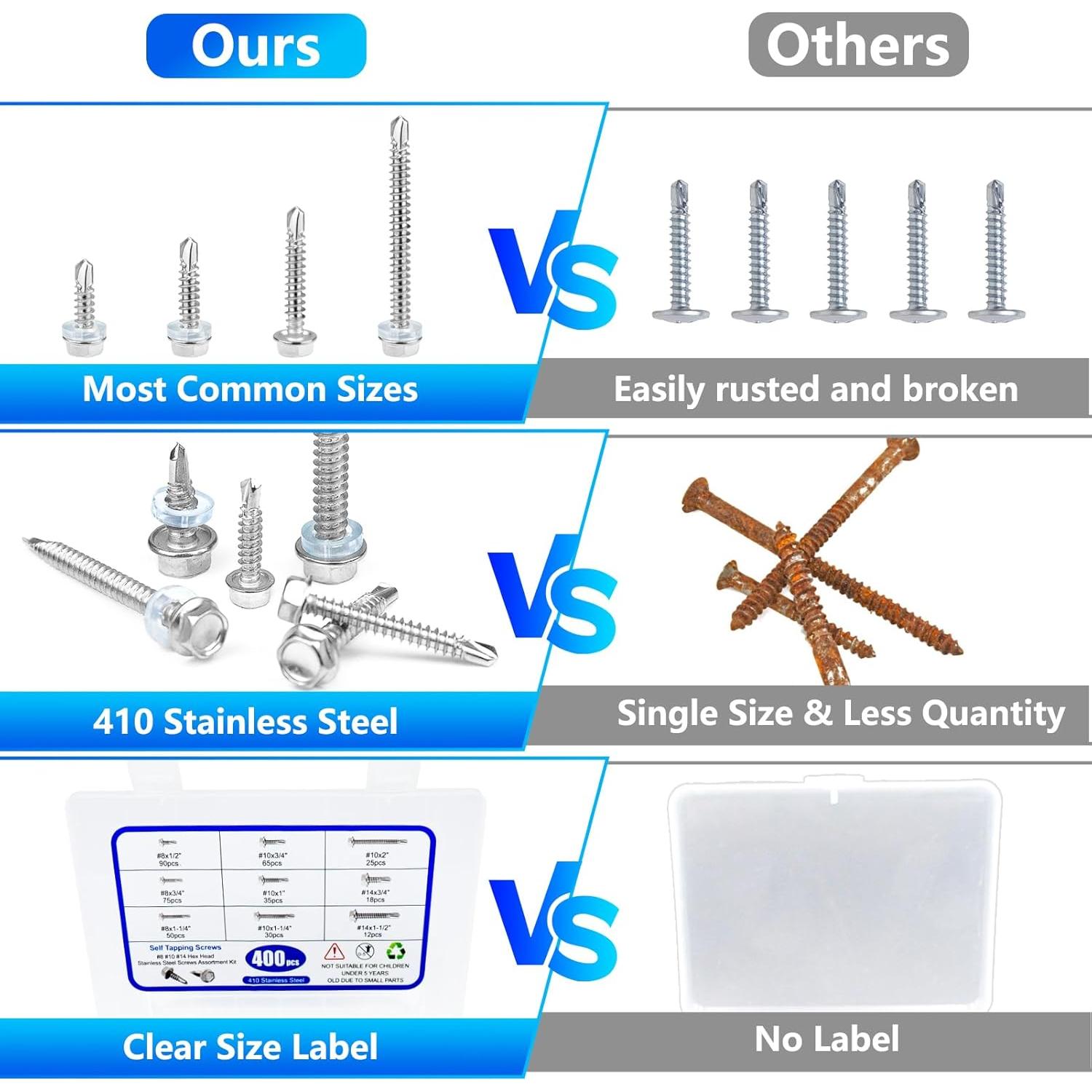 Kit de Tornillos Autoperforantes Acero Inoxidable 400PCS #8#10#14