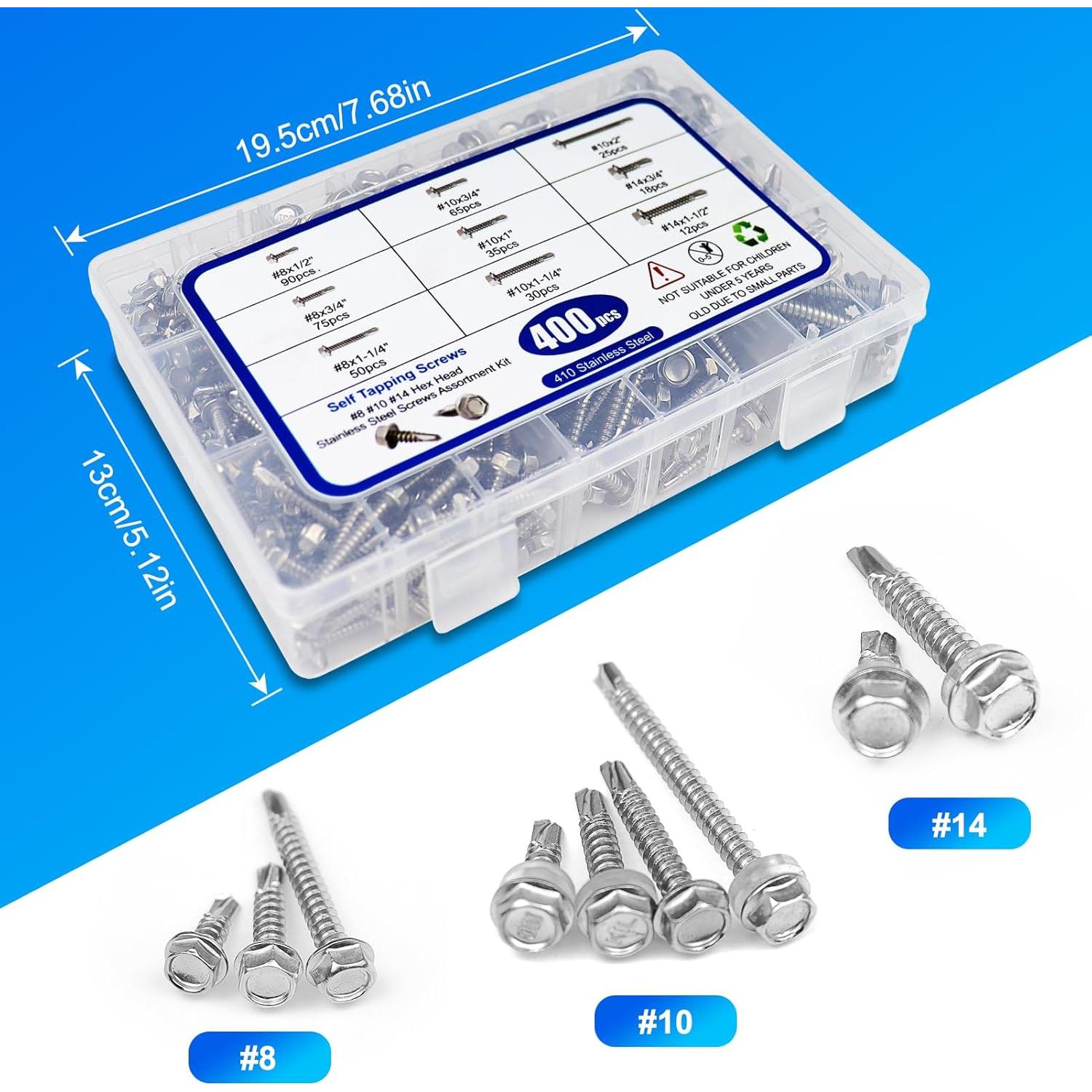 Kit de Tornillos Autoperforantes Acero Inoxidable 400PCS #8#10#14