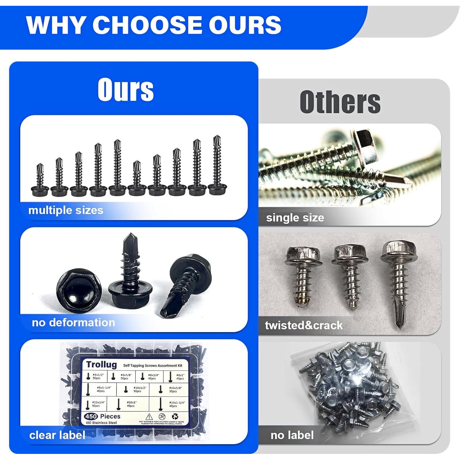 450 Tornillos Autoperforantes Acero Inoxidable Trollug 1.27 a 3.18 cm