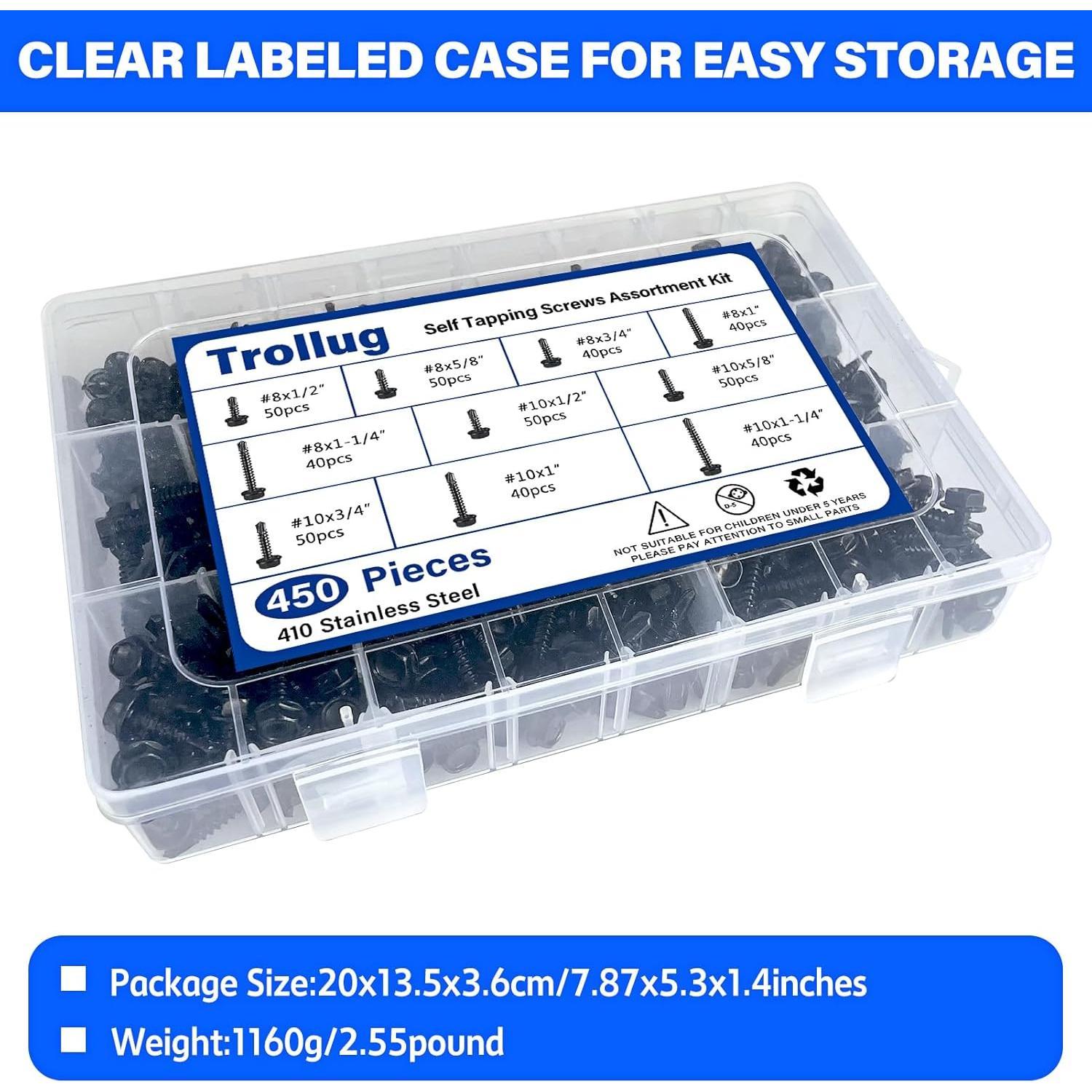 450 Tornillos Autoperforantes Acero Inoxidable Trollug 1.27 a 3.18 cm