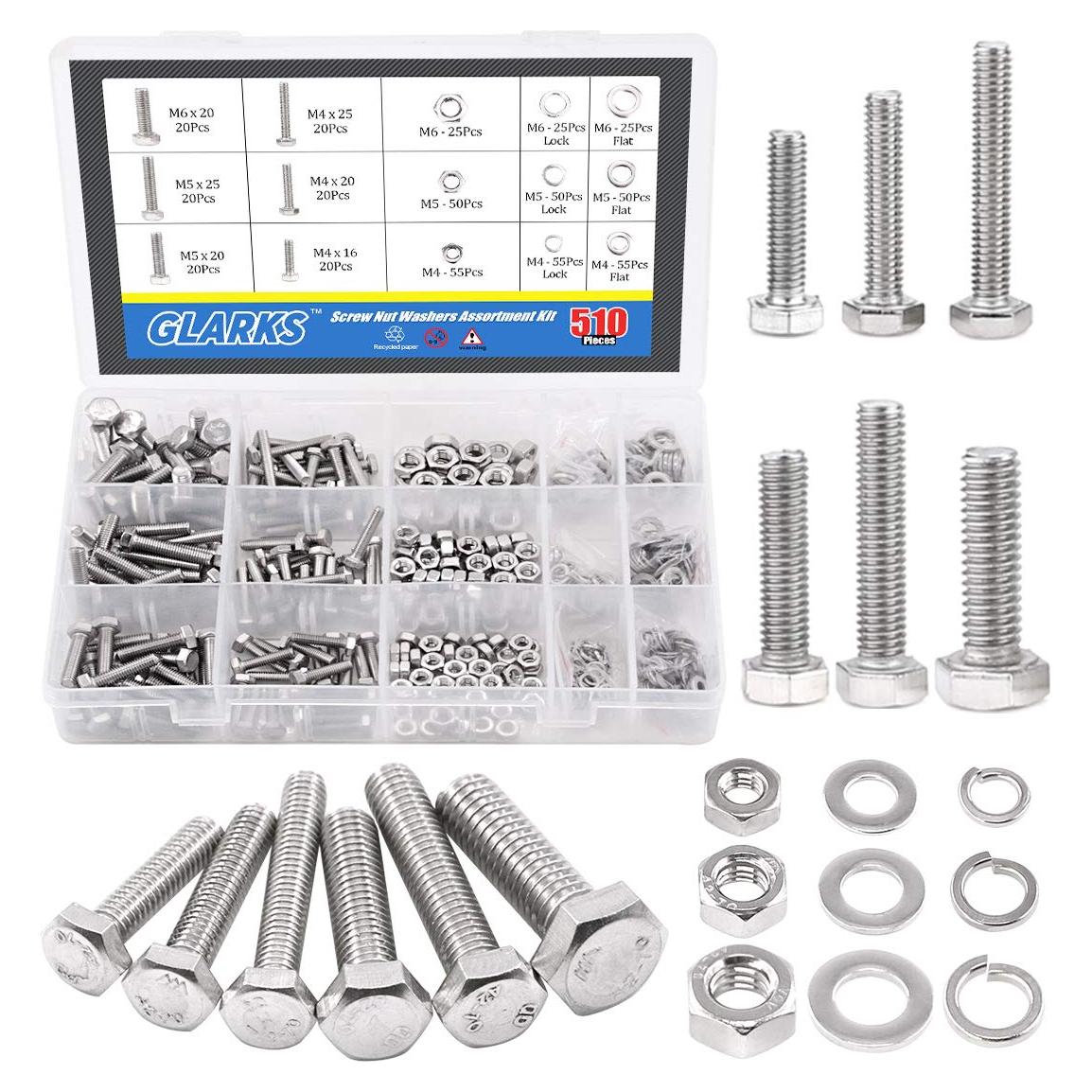Kit de Tornillos, Tuercas y Arandelas Glarks - 510 Piezas Acero Inoxidable
