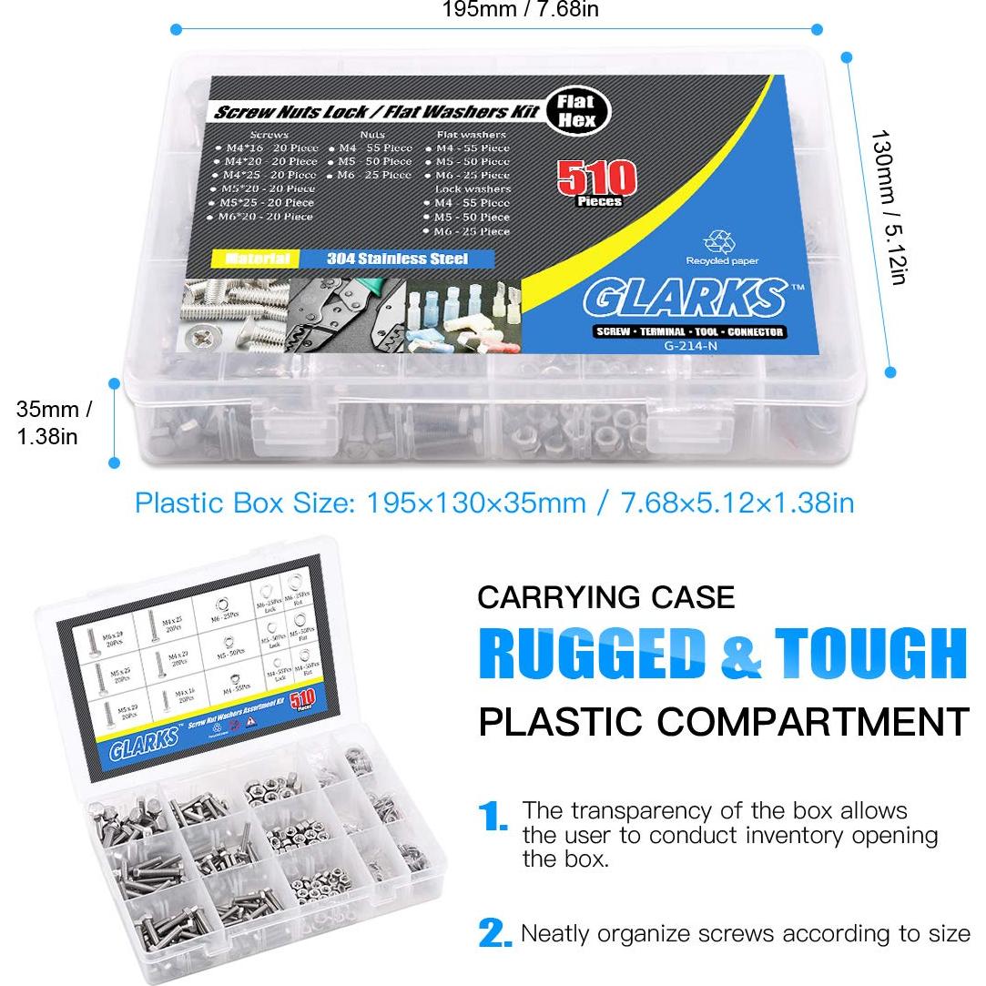 Kit de Tornillos, Tuercas y Arandelas Glarks - 510 Piezas Acero Inoxidable