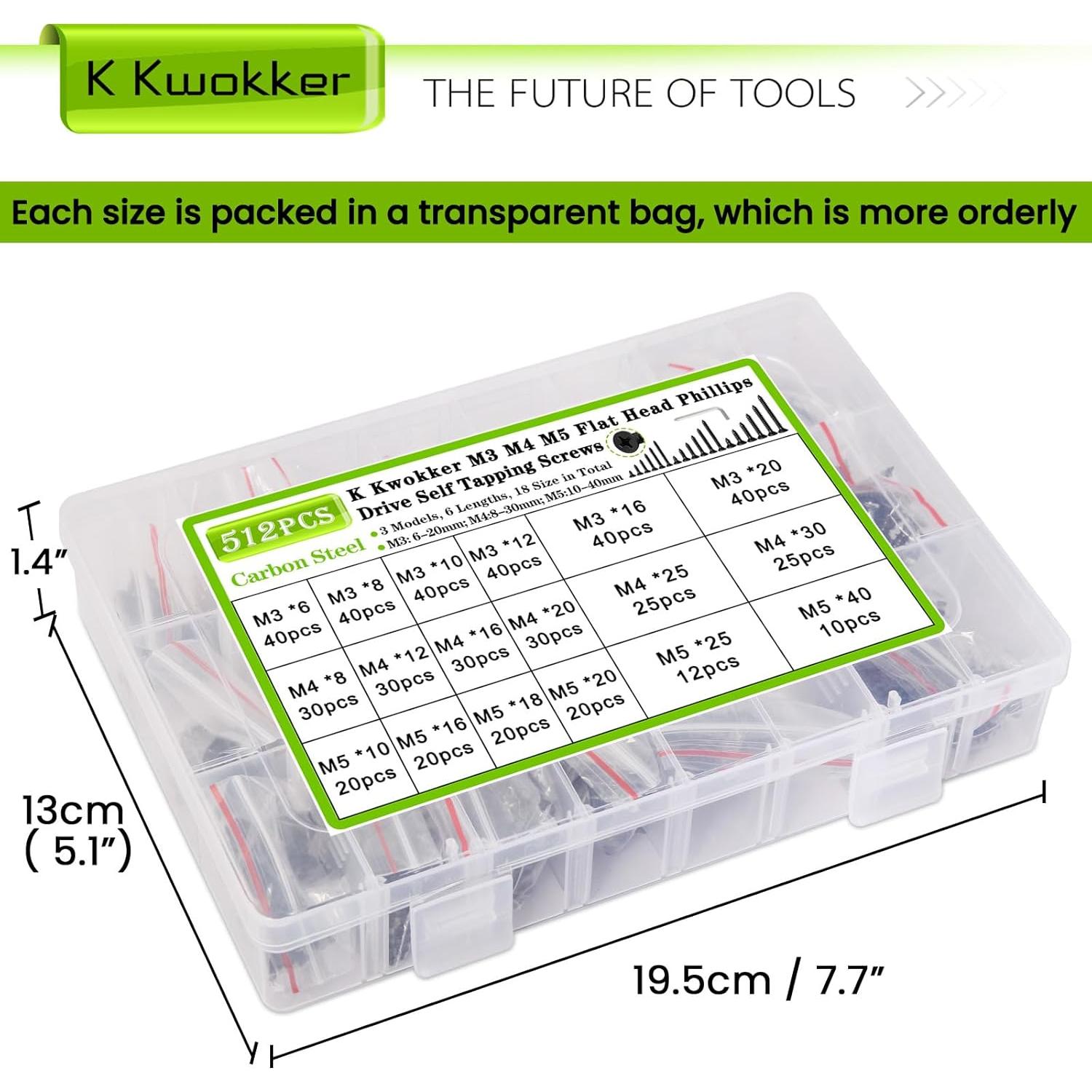 Kit de Tornillos Autoperforantes K Kwokker 512 Pcs M3 M4 M5