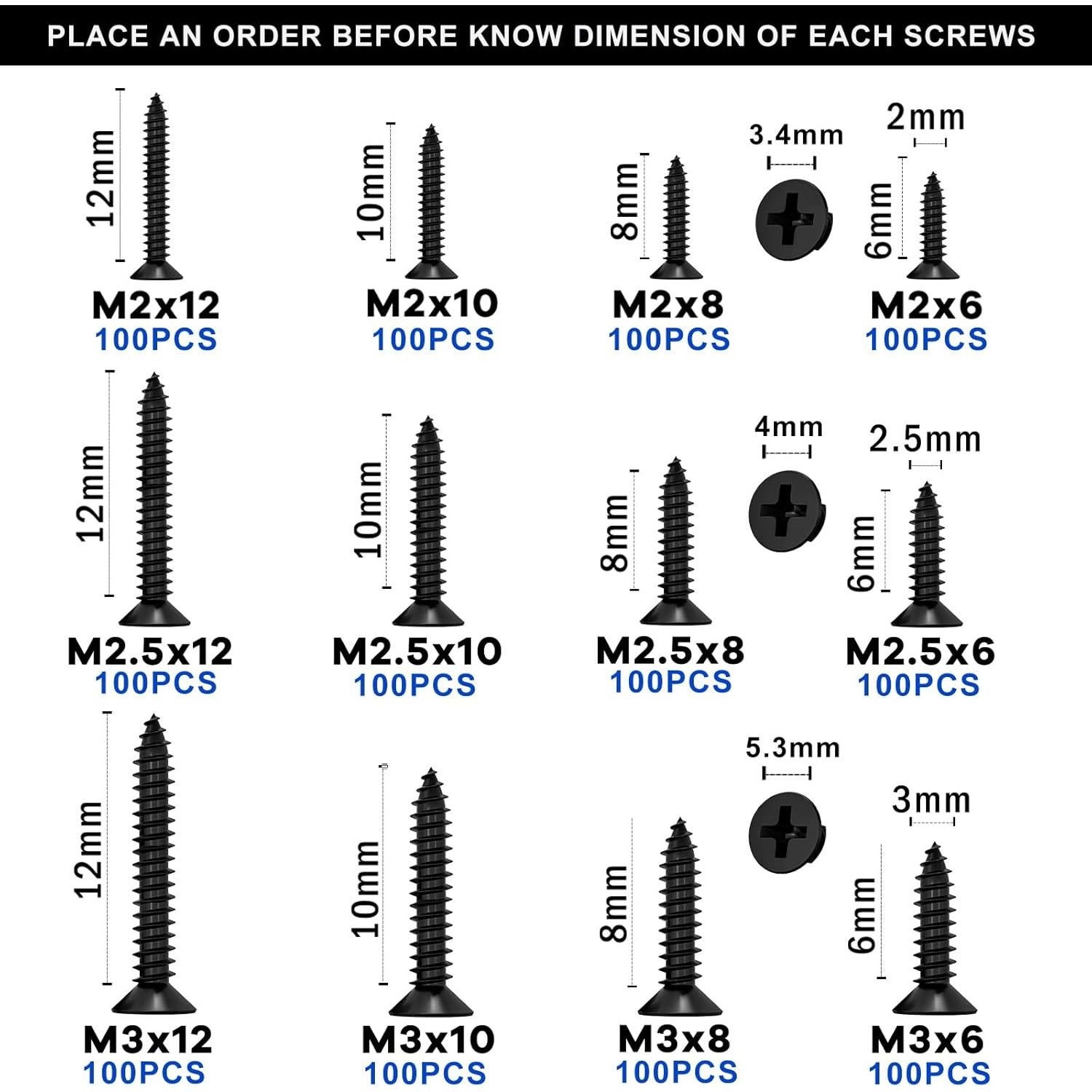 1200 Tornillos Autoperforantes M2 M2.5 M3 Cabeza Plana HanTof
