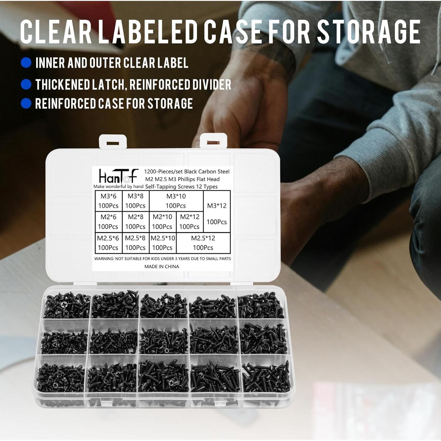 1200 Tornillos Autoperforantes M2 M2.5 M3 Cabeza Plana HanTof