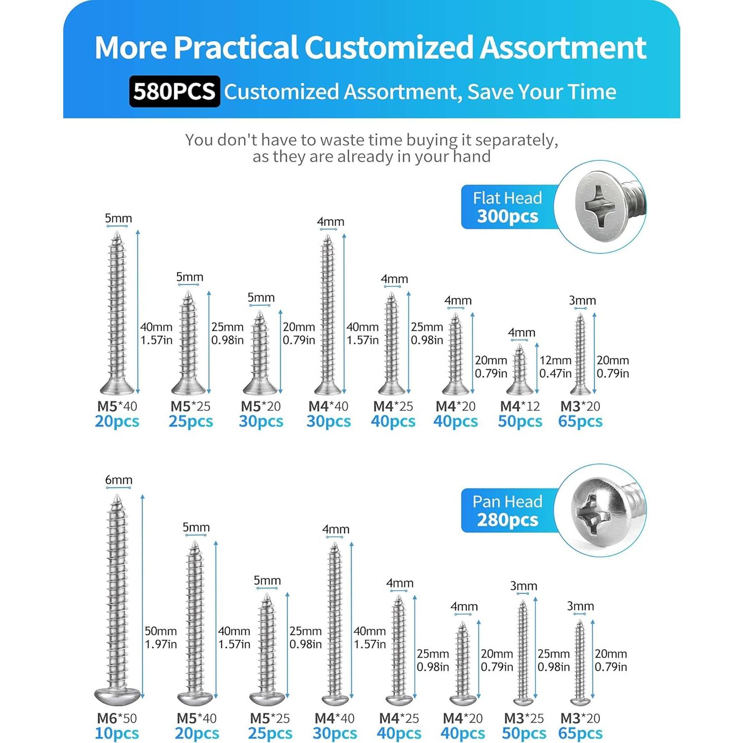 Conjunto de Tornillos Autorroscantes DIVANC 580 Piezas M3/M4/M5/M6