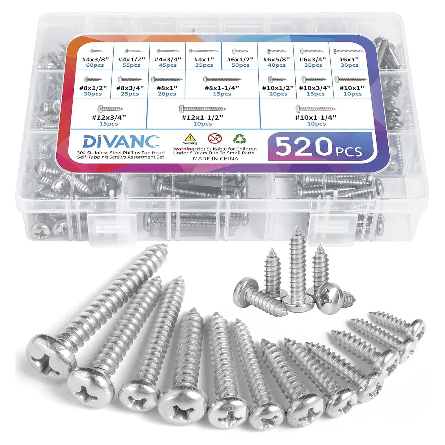 Juego de Tornillos de Acero Inoxidable DIVANC 520 Pcs 18 Tamaños