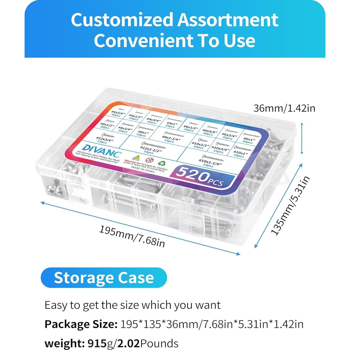 Juego de Tornillos de Acero Inoxidable DIVANC 520 Pcs 18 Tamaños