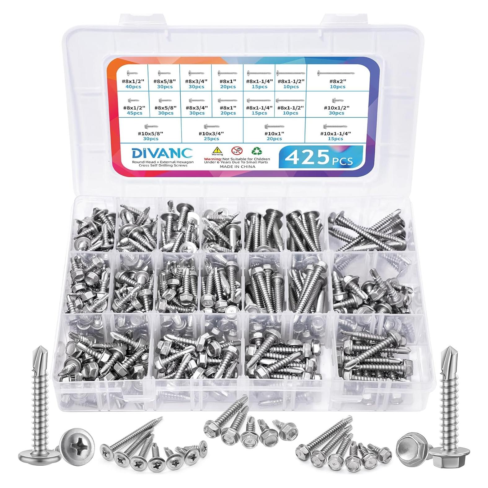 425 Tornillos Autoperforantes DIVANC Acero Inoxidable Plata