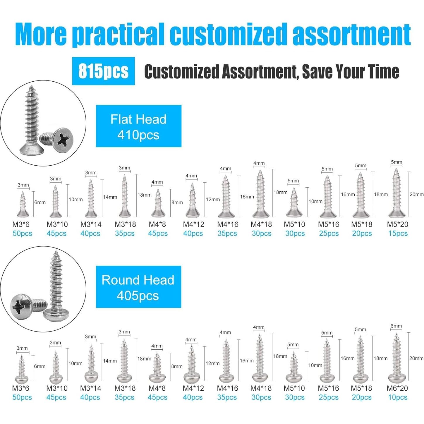 Kit de Tornillos Autoperforantes M6 M5 M4 M3 - 815pcs Acero Inoxidable