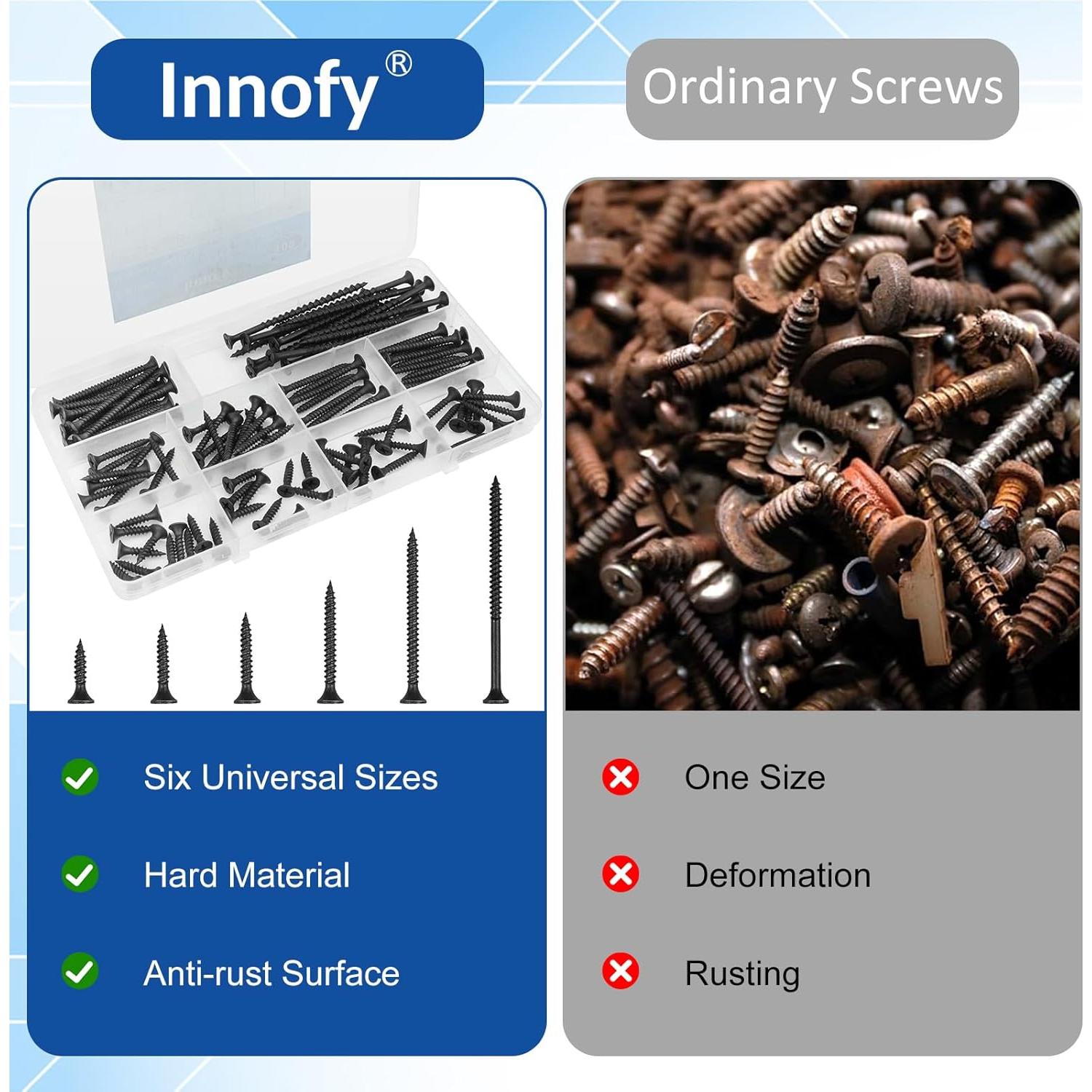 Kit de Tornillos para Drywall Innofy 108 Piezas 6 Tamaños Negro