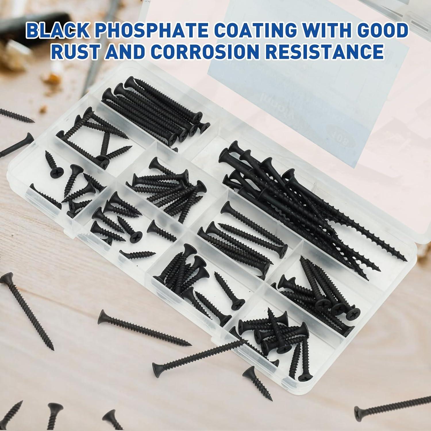 Kit de Tornillos para Drywall Innofy 108 Piezas 6 Tamaños Negro