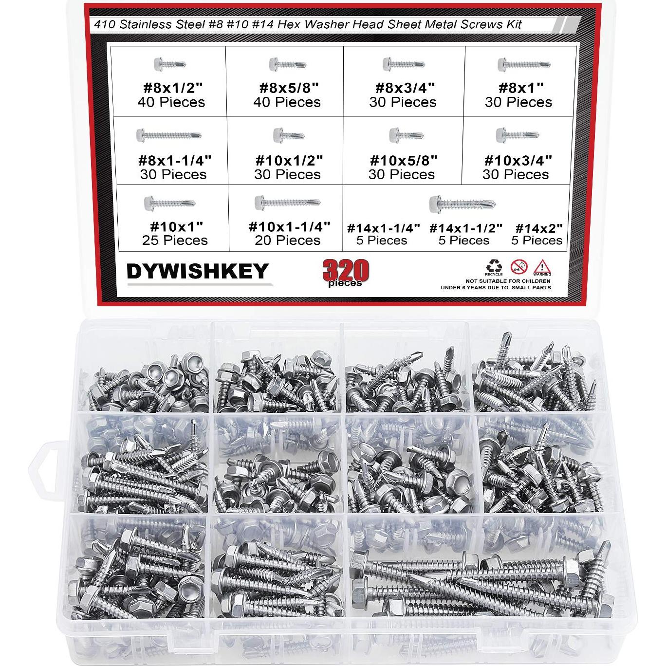 Tornillos de Acero Inoxidable 410 DYWISHKEY 320 Piezas Autoperforantes