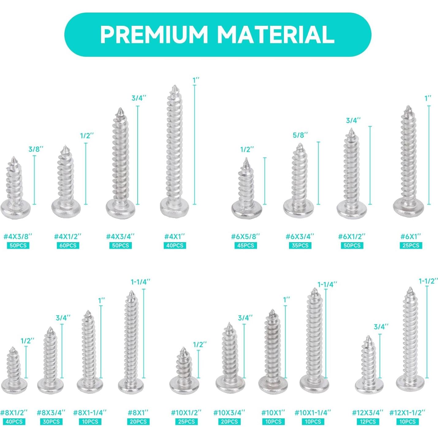 Juego de Tornillos Phillips Acero Inoxidable 542PCS #4 a #12