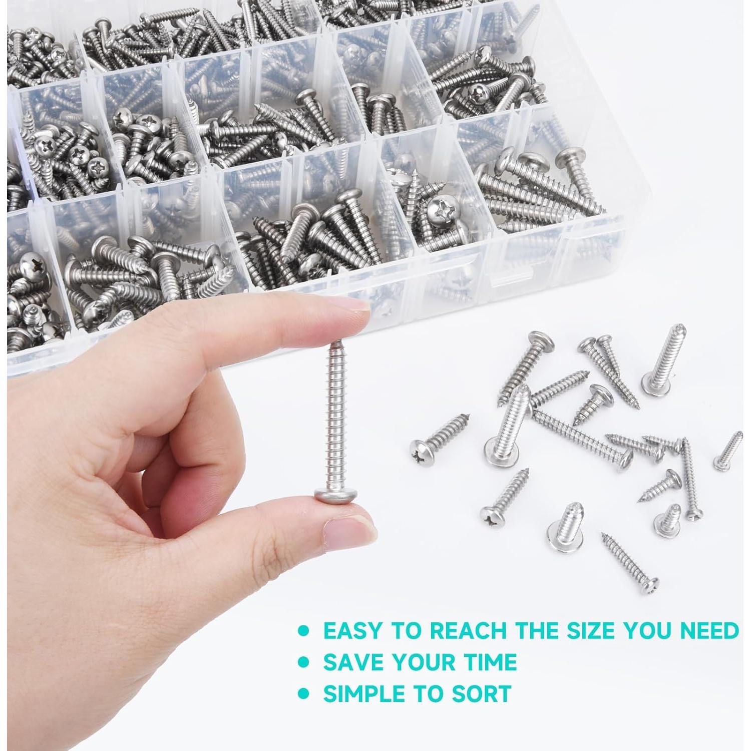 Juego de Tornillos Phillips Acero Inoxidable 542PCS #4 a #12