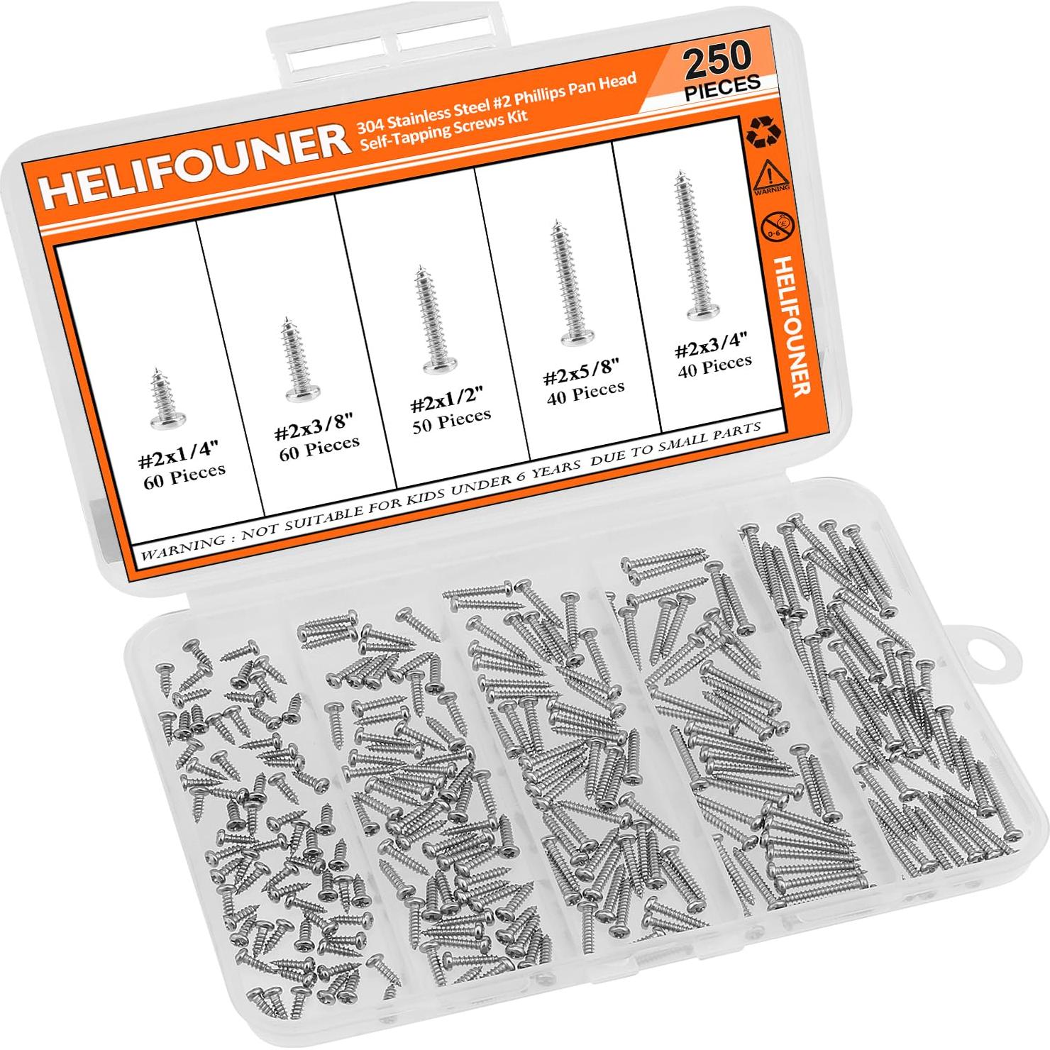 Juego de Tornillos de Madera HELIFOUNER 250 Piezas Acero Inoxidable