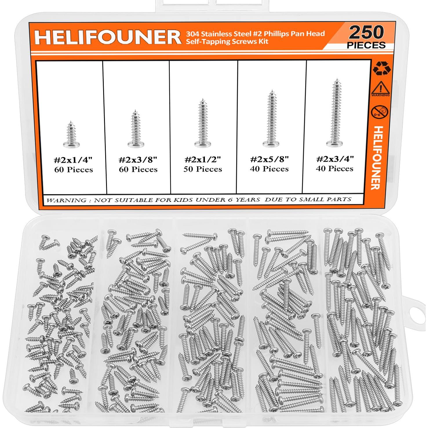 Juego de Tornillos de Madera HELIFOUNER 250 Piezas Acero Inoxidable