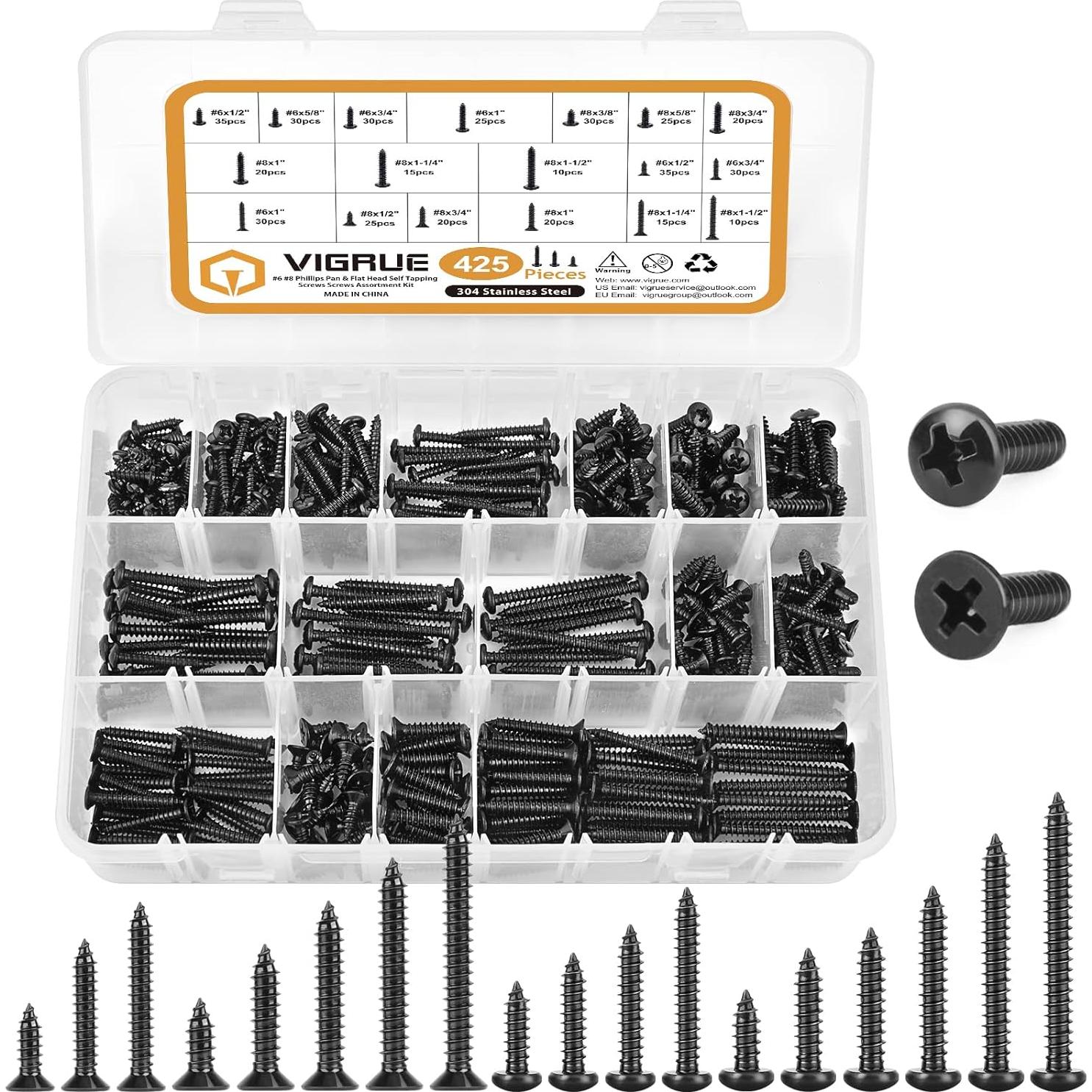 Juego de Tornillos de Madera VIGRUE 425PCS Acero Inoxidable 304