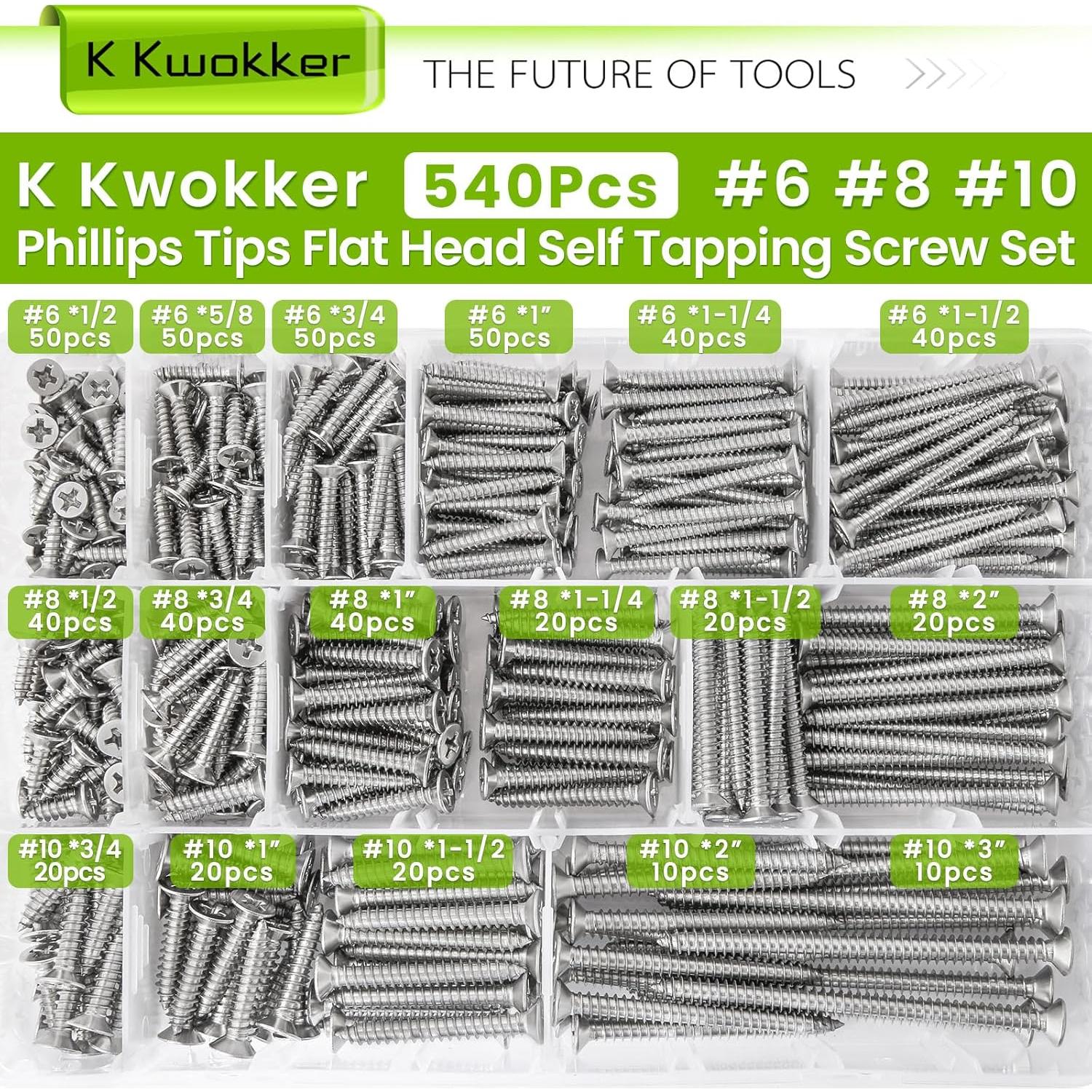 Kit de Tornillos Autoperforantes K Kwokker 540 Pcs Acero Inoxidable