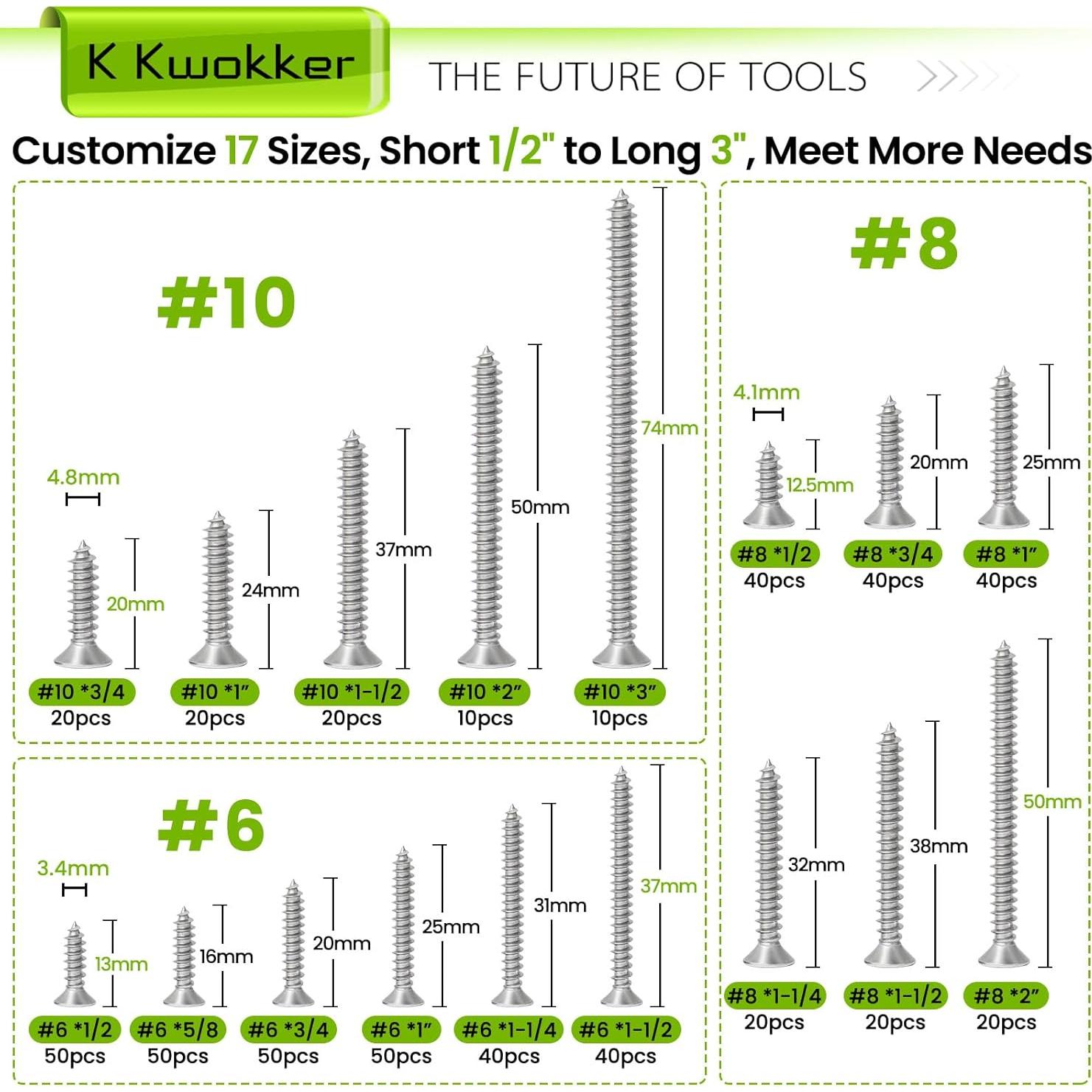 Kit de Tornillos Autoperforantes K Kwokker 540 Pcs Acero Inoxidable