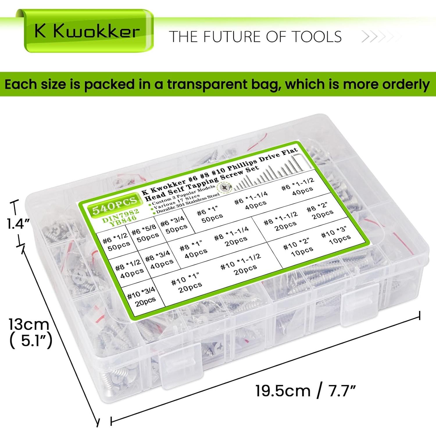 Kit de Tornillos Autoperforantes K Kwokker 540 Pcs Acero Inoxidable